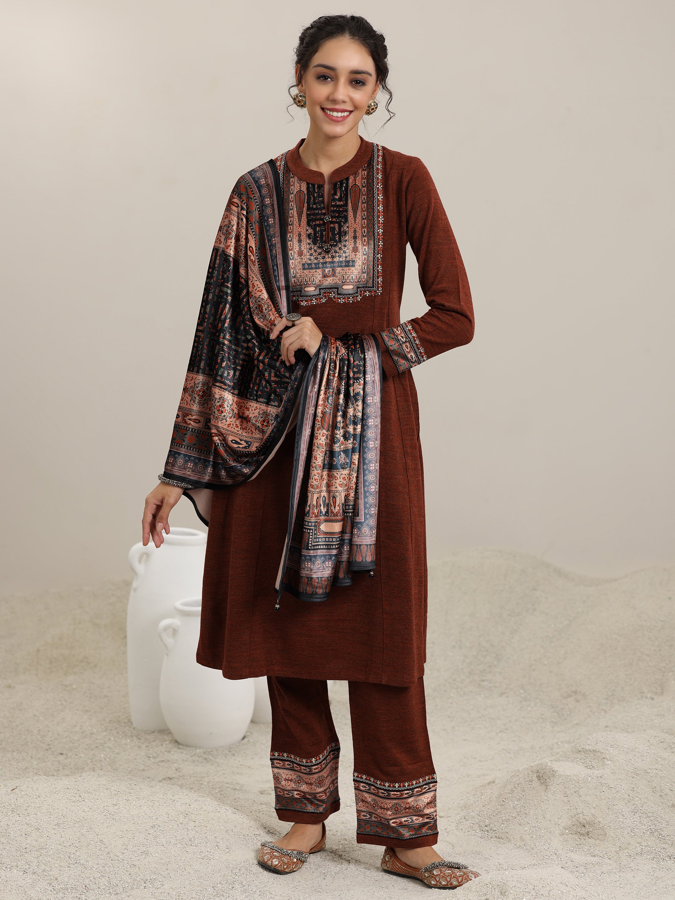 Rust Yoke Design Wool Blend Straight Suit With Dupatta