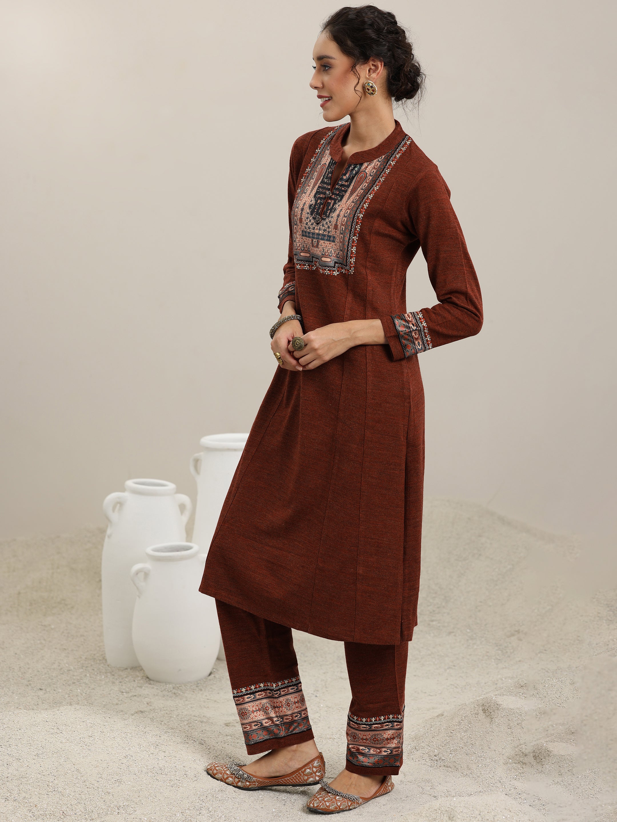 Rust Yoke Design Wool Blend Straight Suit With Dupatta