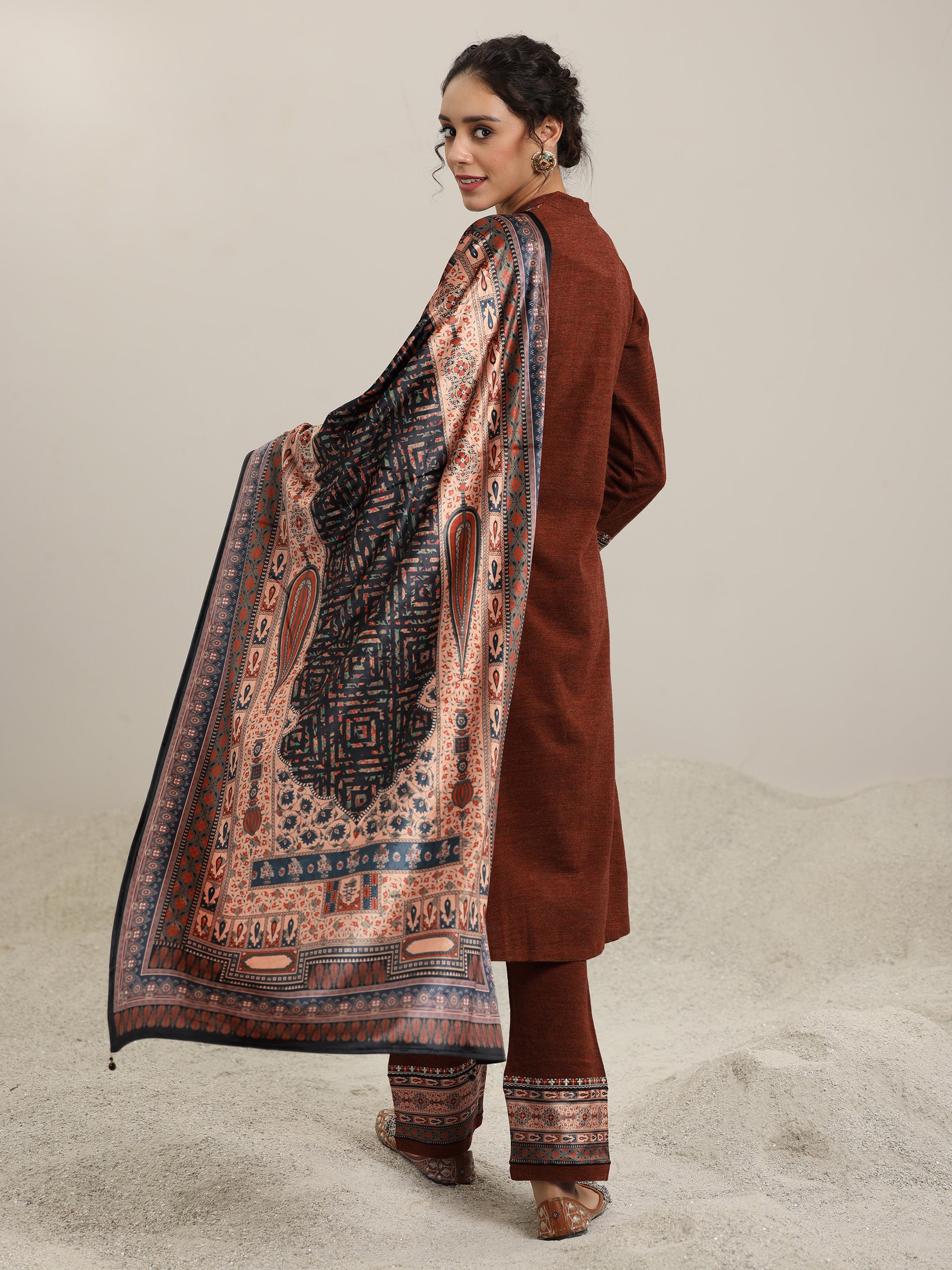 Rust Yoke Design Wool Blend Straight Suit With Dupatta