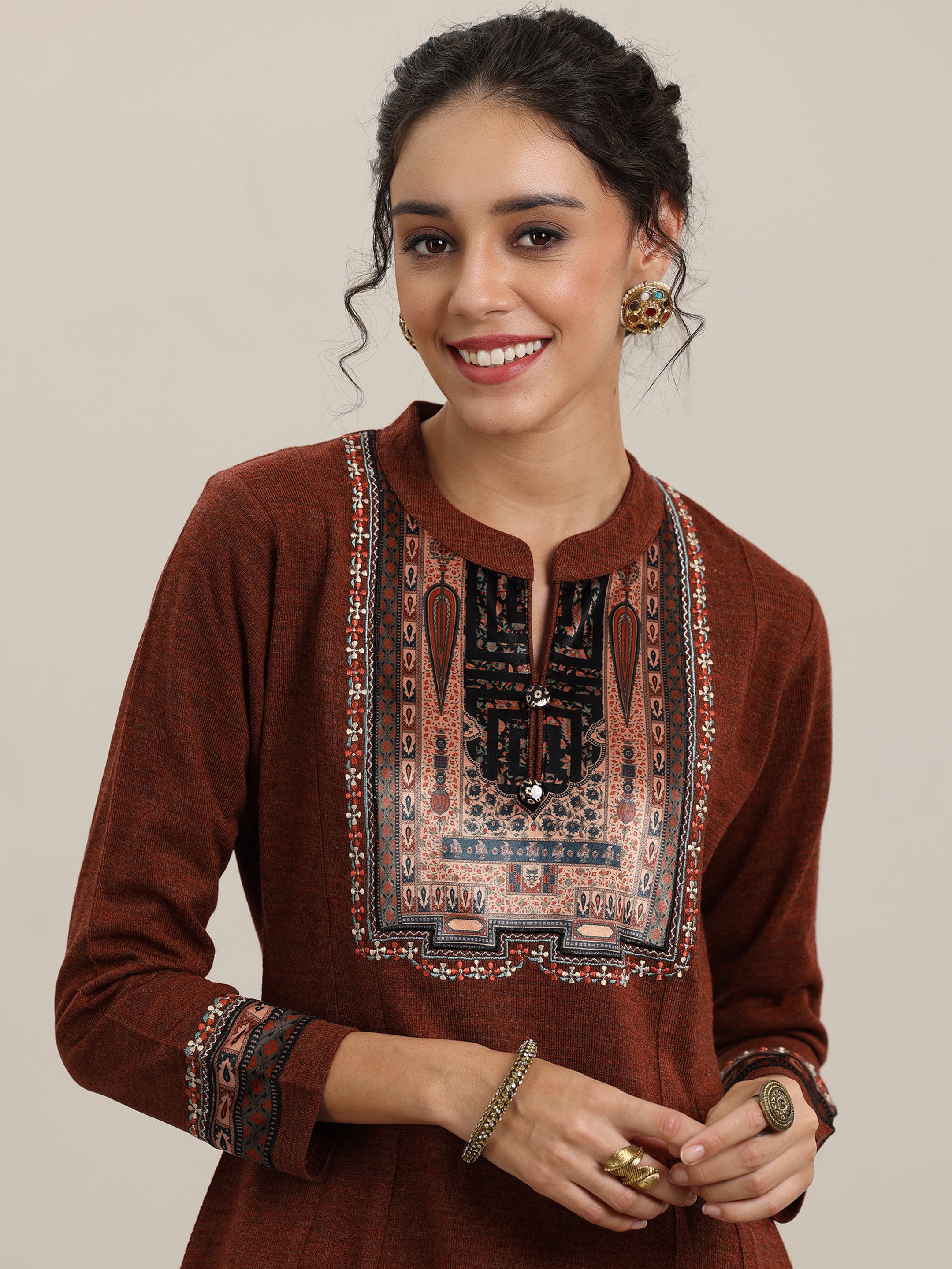 Rust Yoke Design Wool Blend Straight Suit With Dupatta