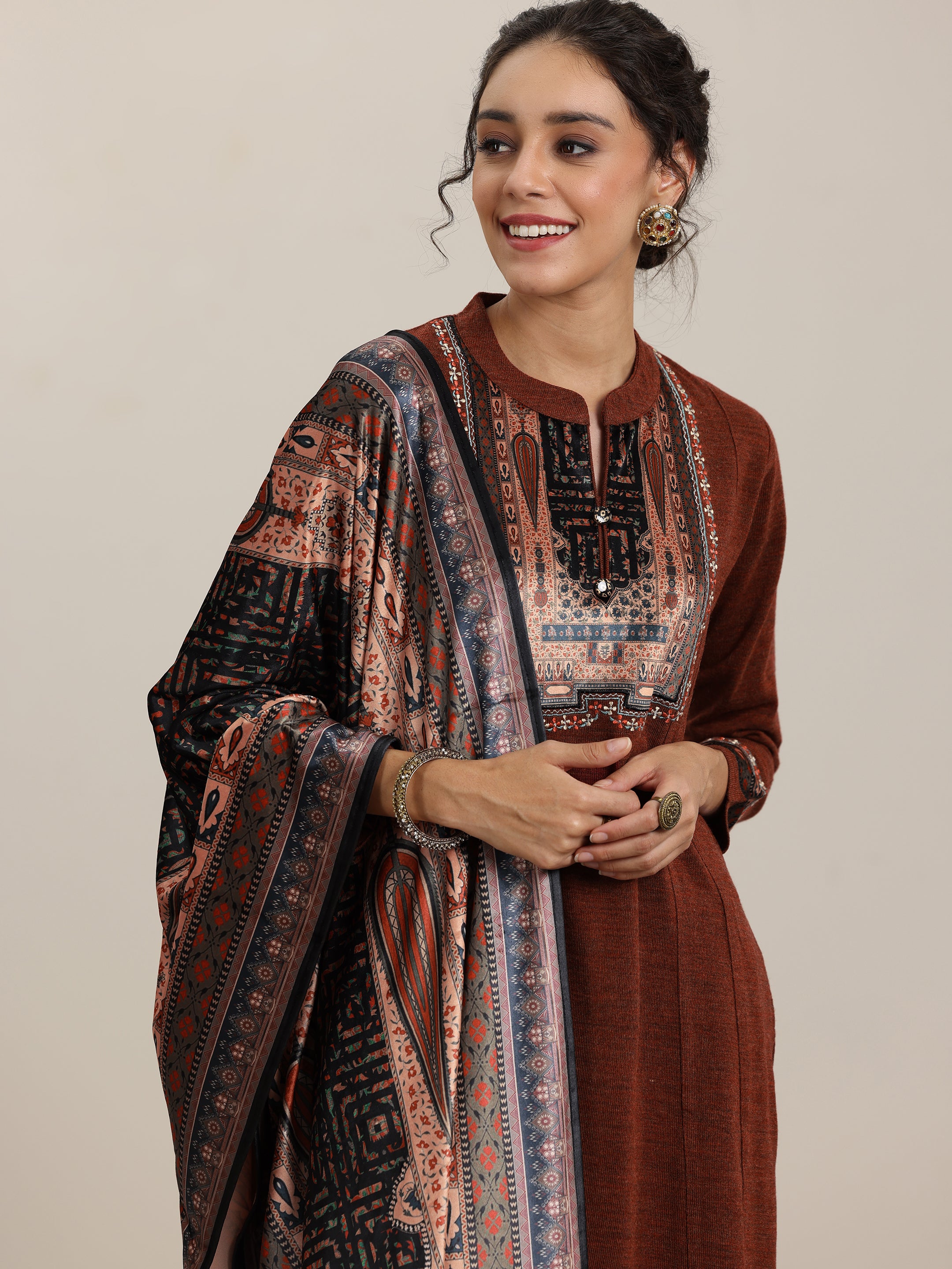 Rust Yoke Design Wool Blend Straight Suit With Dupatta