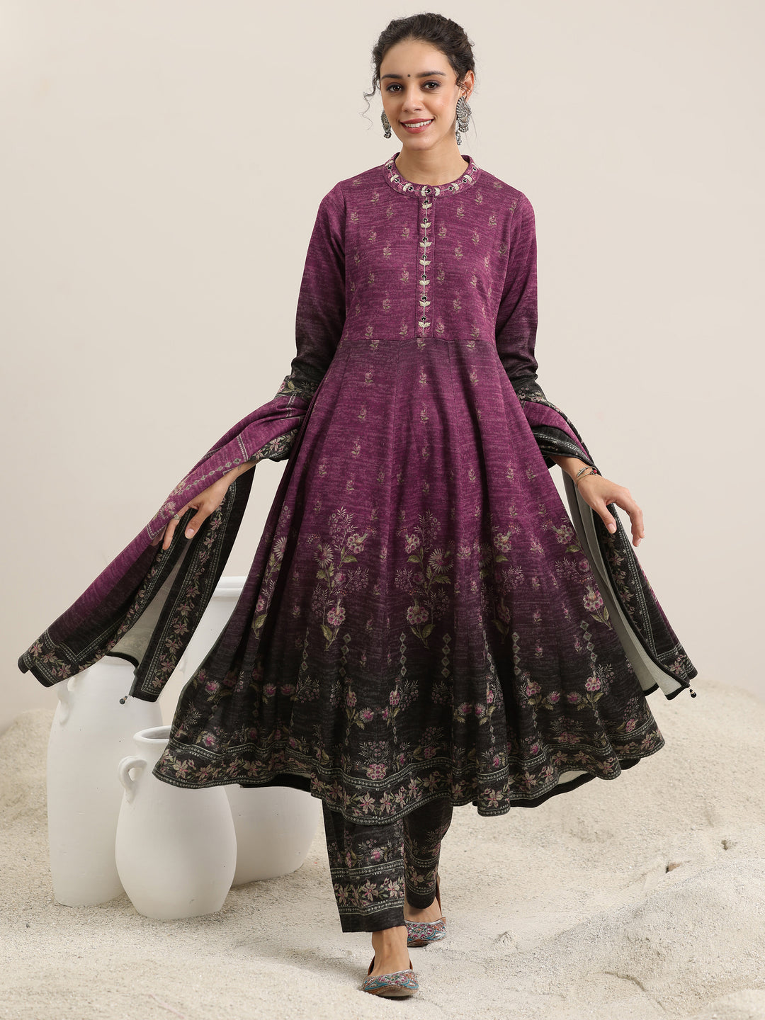 Wine Printed Wool Blend Anarkali Suit With Dupatta