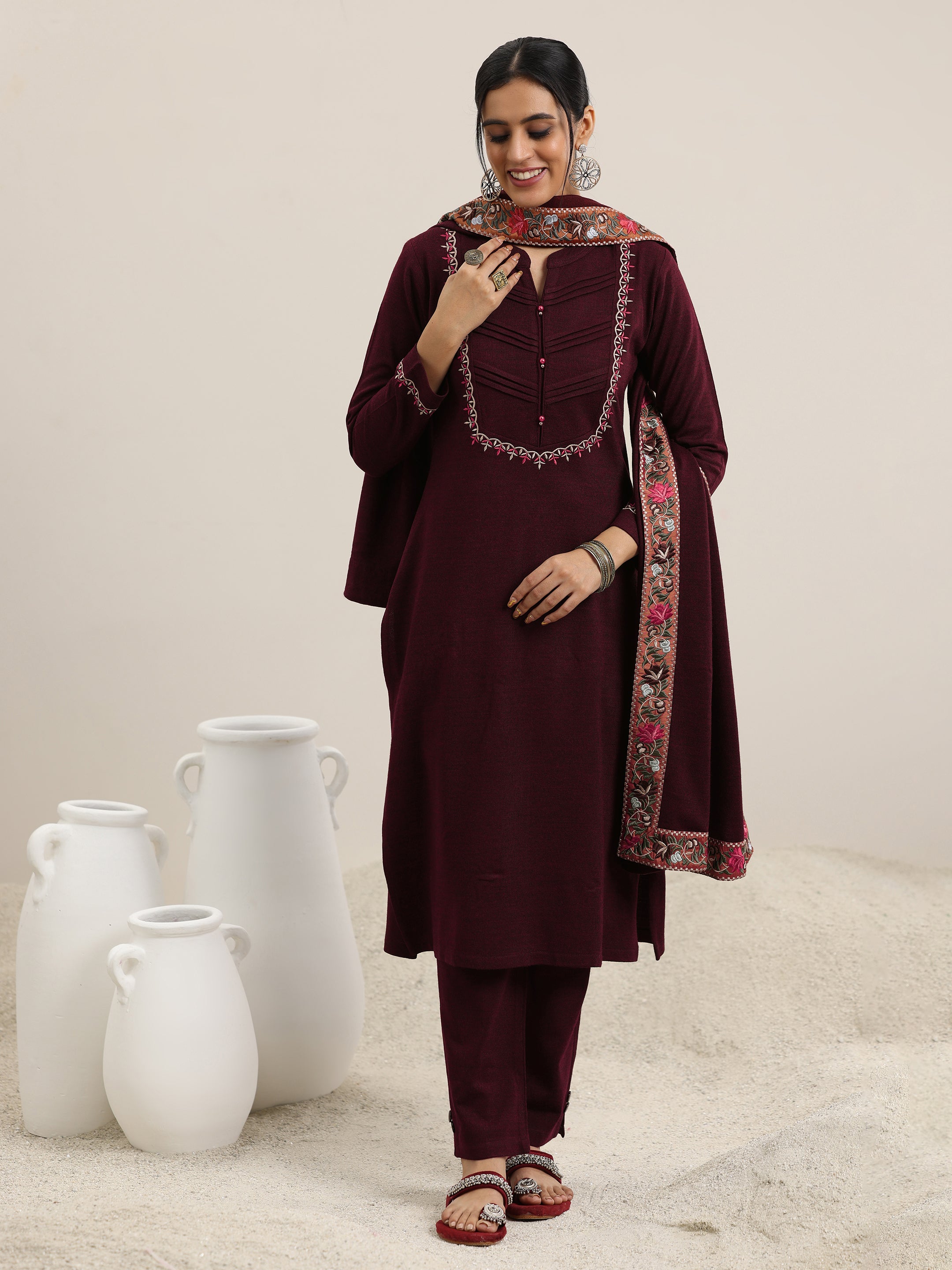 Maroon Yoke Design Wool Blend Straight Suit With Dupatta