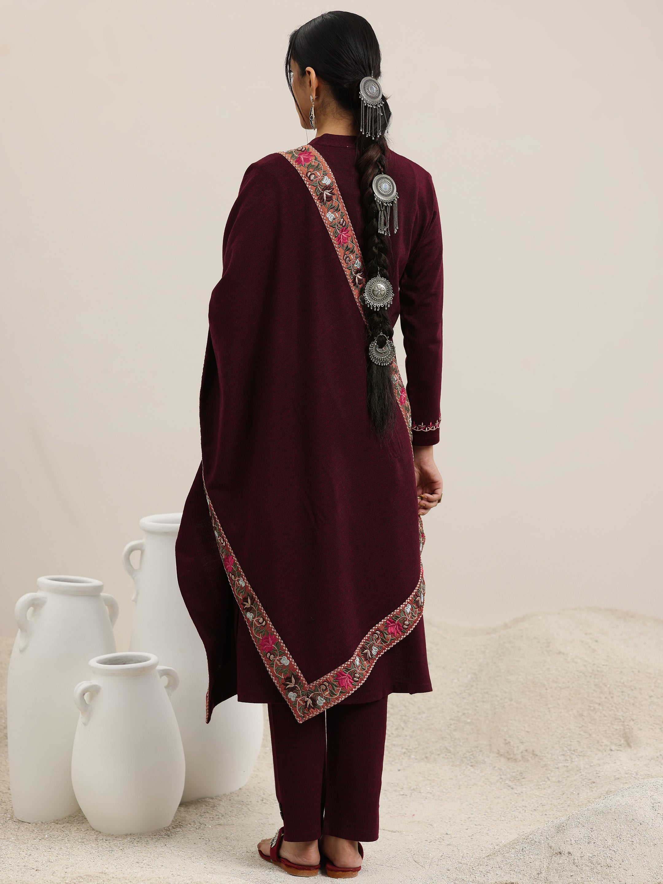 Maroon Yoke Design Wool Blend Straight Suit With Dupatta