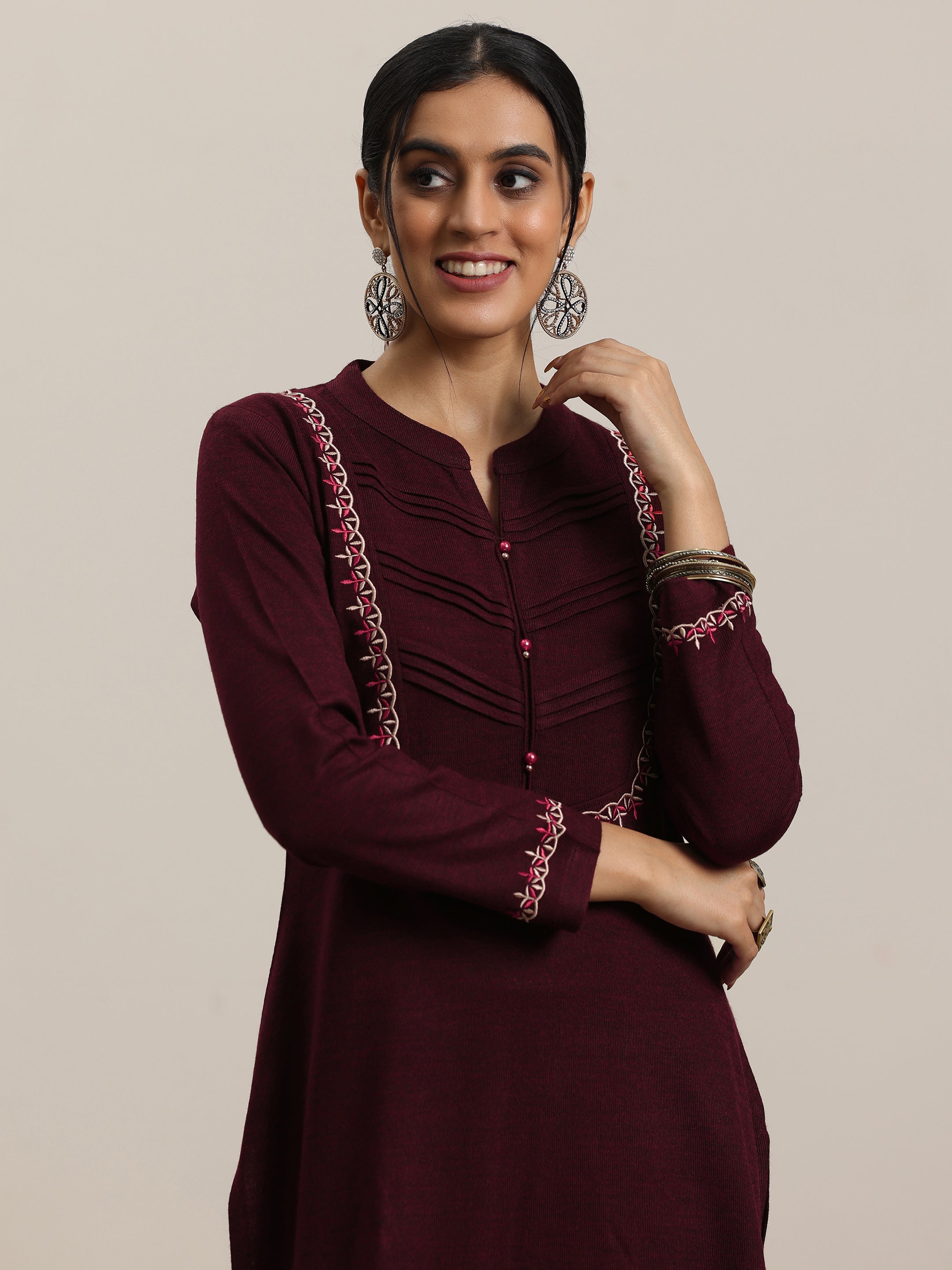 Maroon Yoke Design Wool Blend Straight Suit With Dupatta