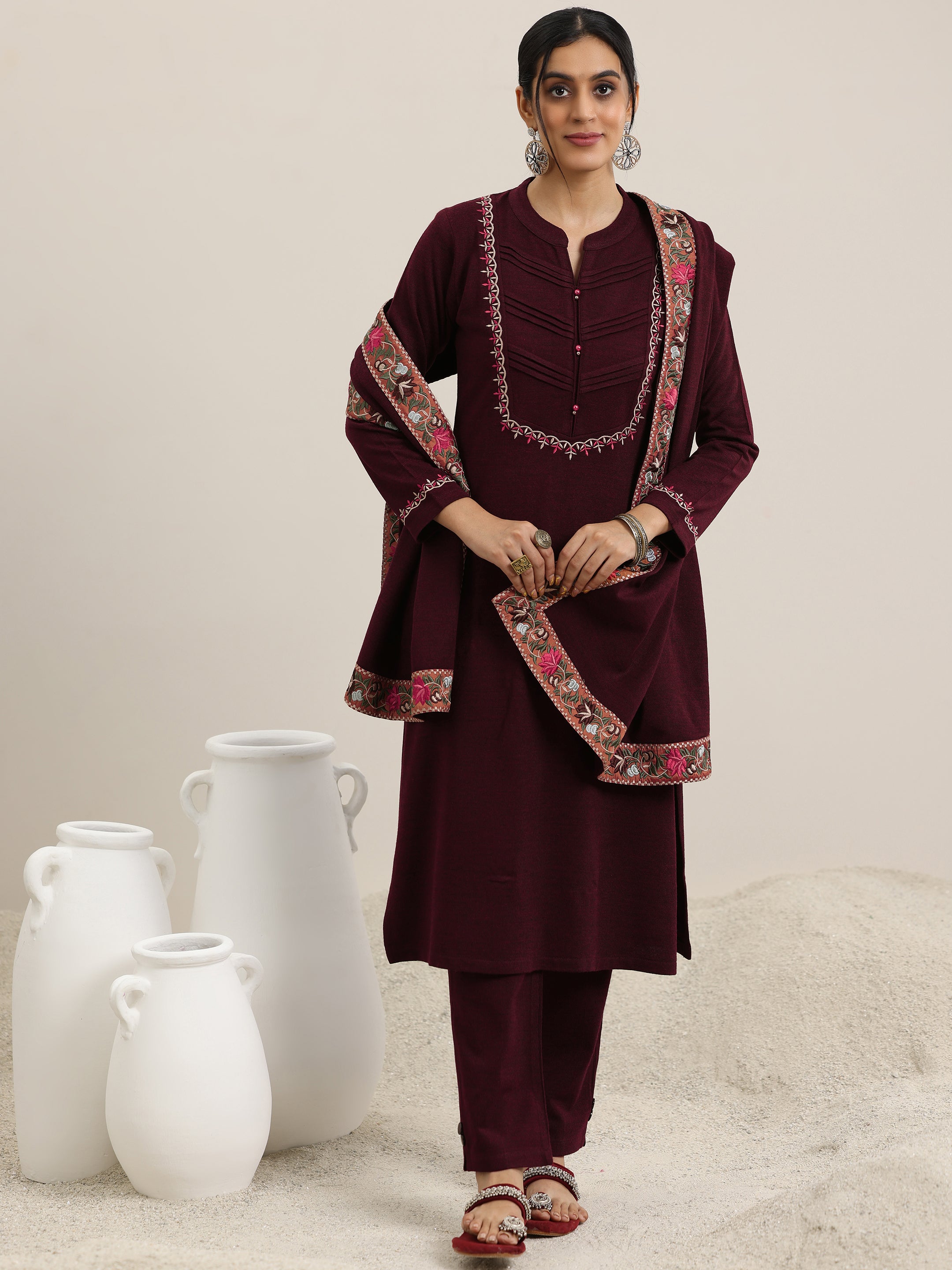 Maroon Yoke Design Wool Blend Straight Suit With Dupatta