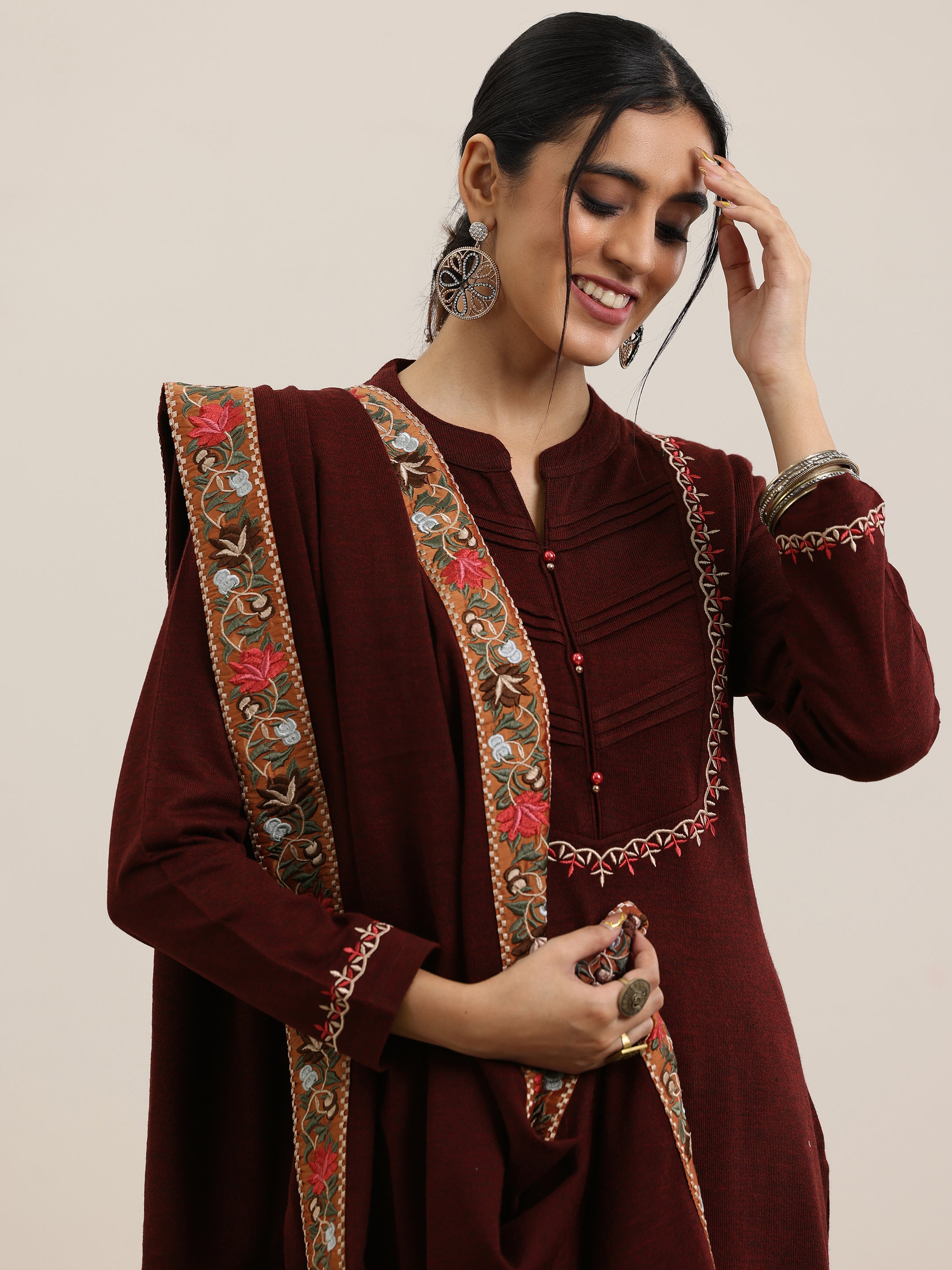 Maroon Yoke Design Wool Blend Straight Suit With Dupatta