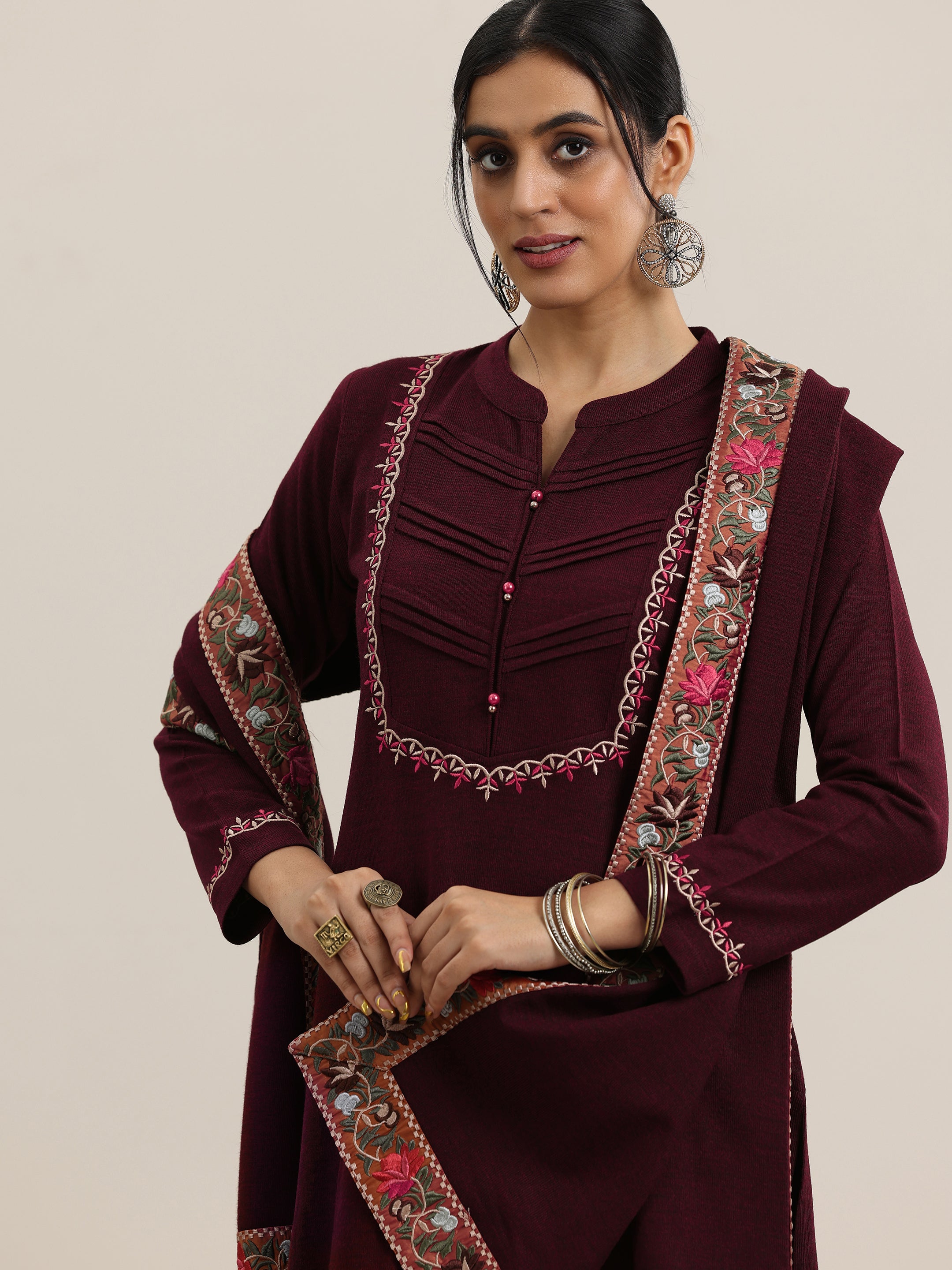 Maroon Yoke Design Wool Blend Straight Suit With Dupatta