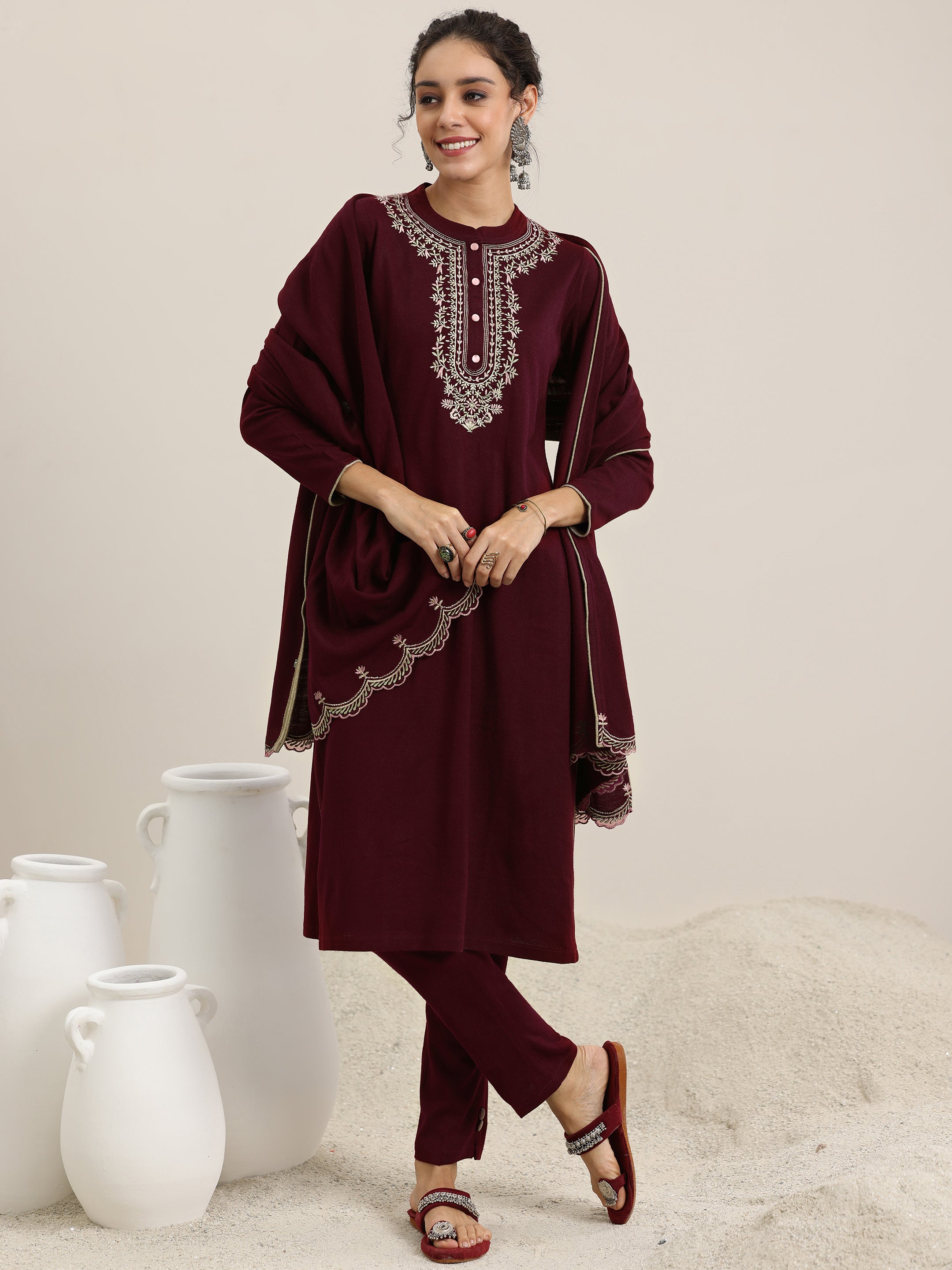 Maroon Yoke Design Wool Blend Straight Suit With Dupatta