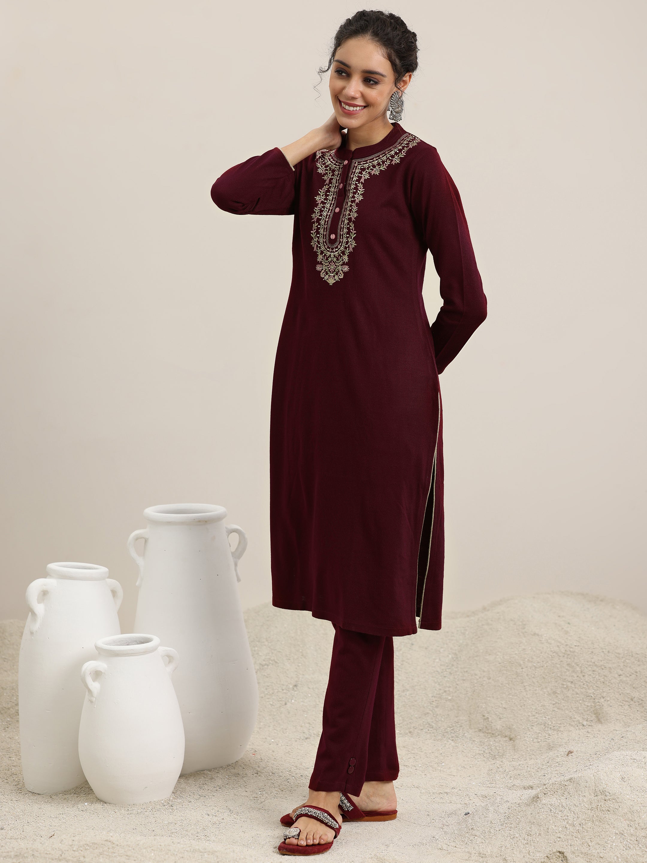 Maroon Yoke Design Wool Blend Straight Suit With Dupatta