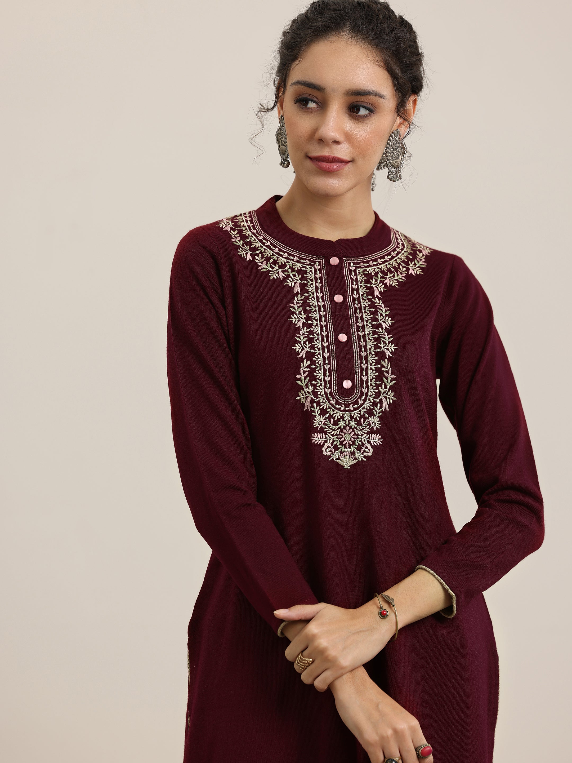 Maroon Yoke Design Wool Blend Straight Suit With Dupatta