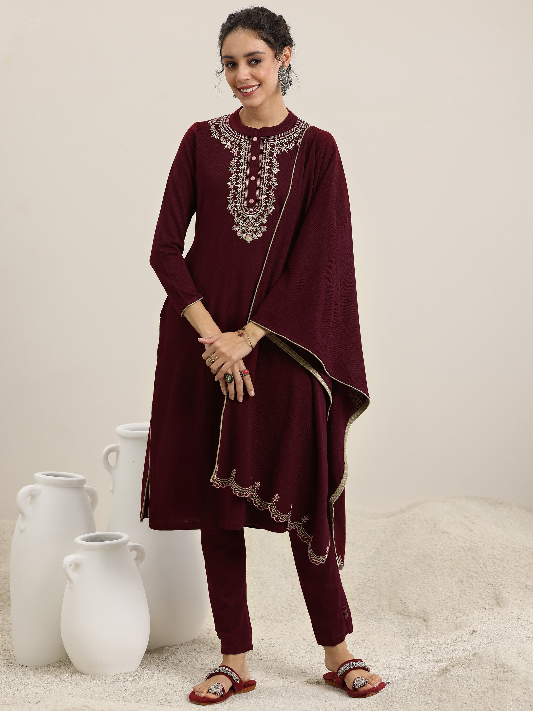 Maroon Yoke Design Wool Blend Straight Suit With Dupatta