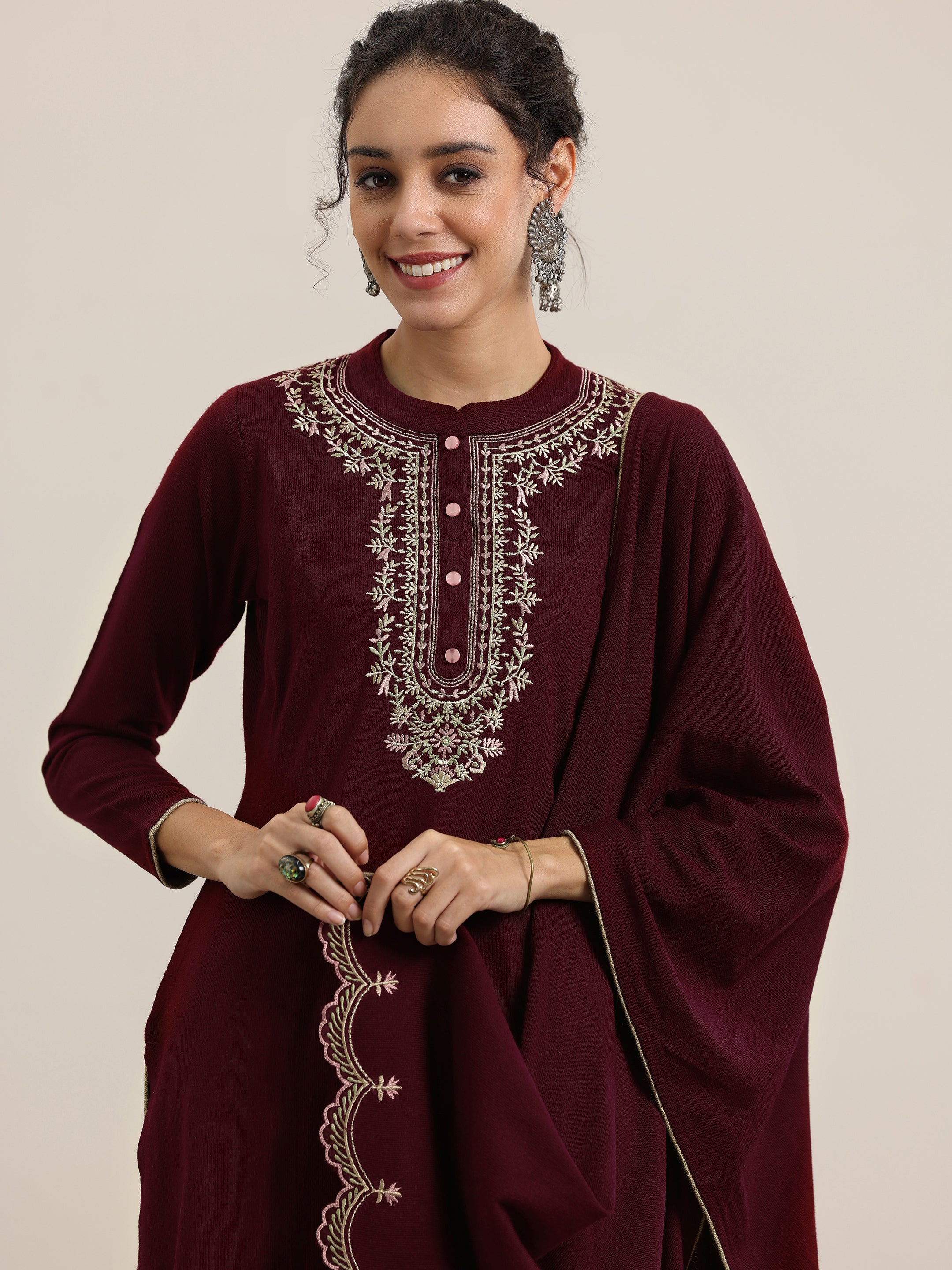 Maroon Yoke Design Wool Blend Straight Suit With Dupatta