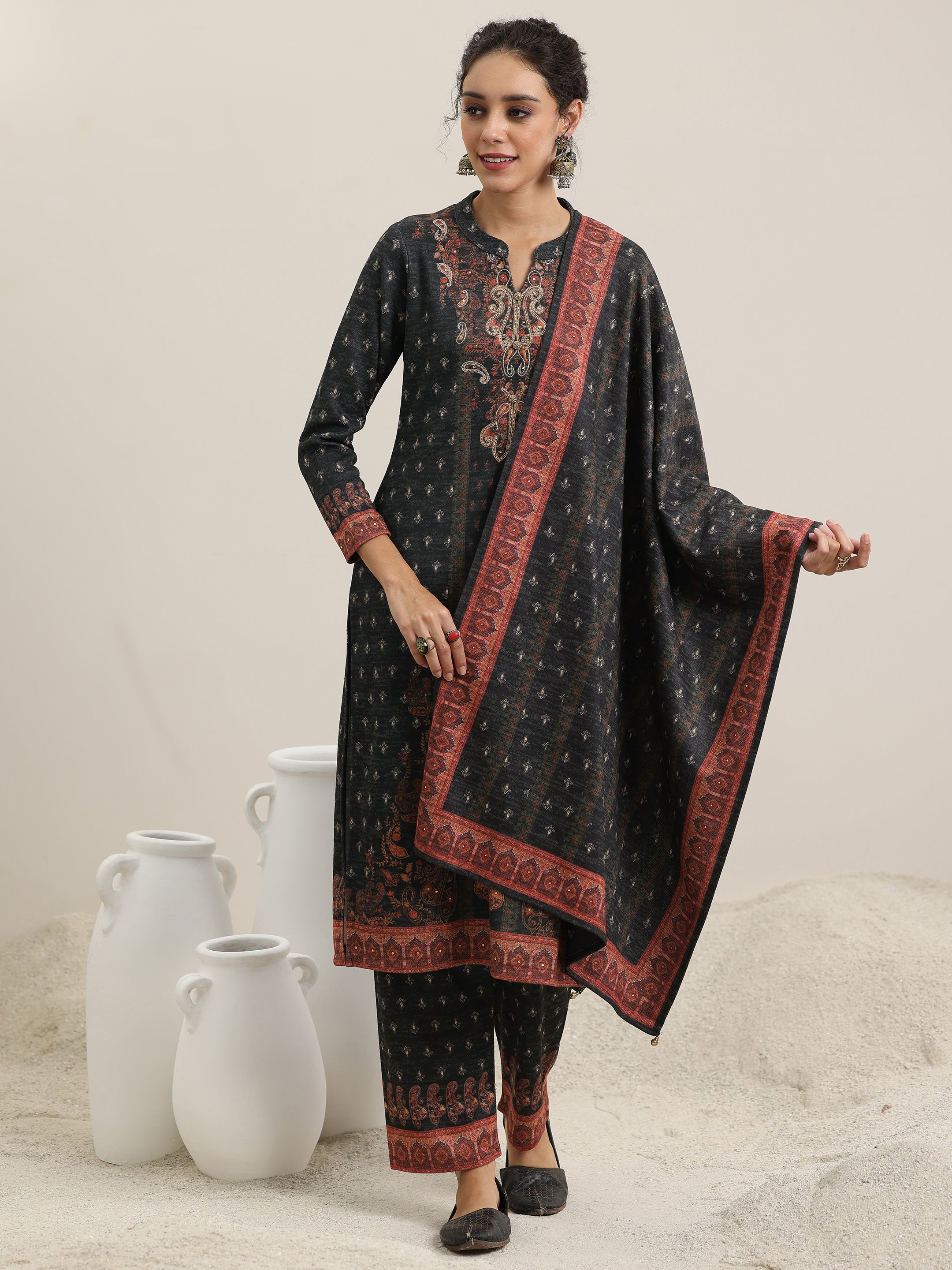 Grey Printed Wool Blend Straight Suit With Dupatta