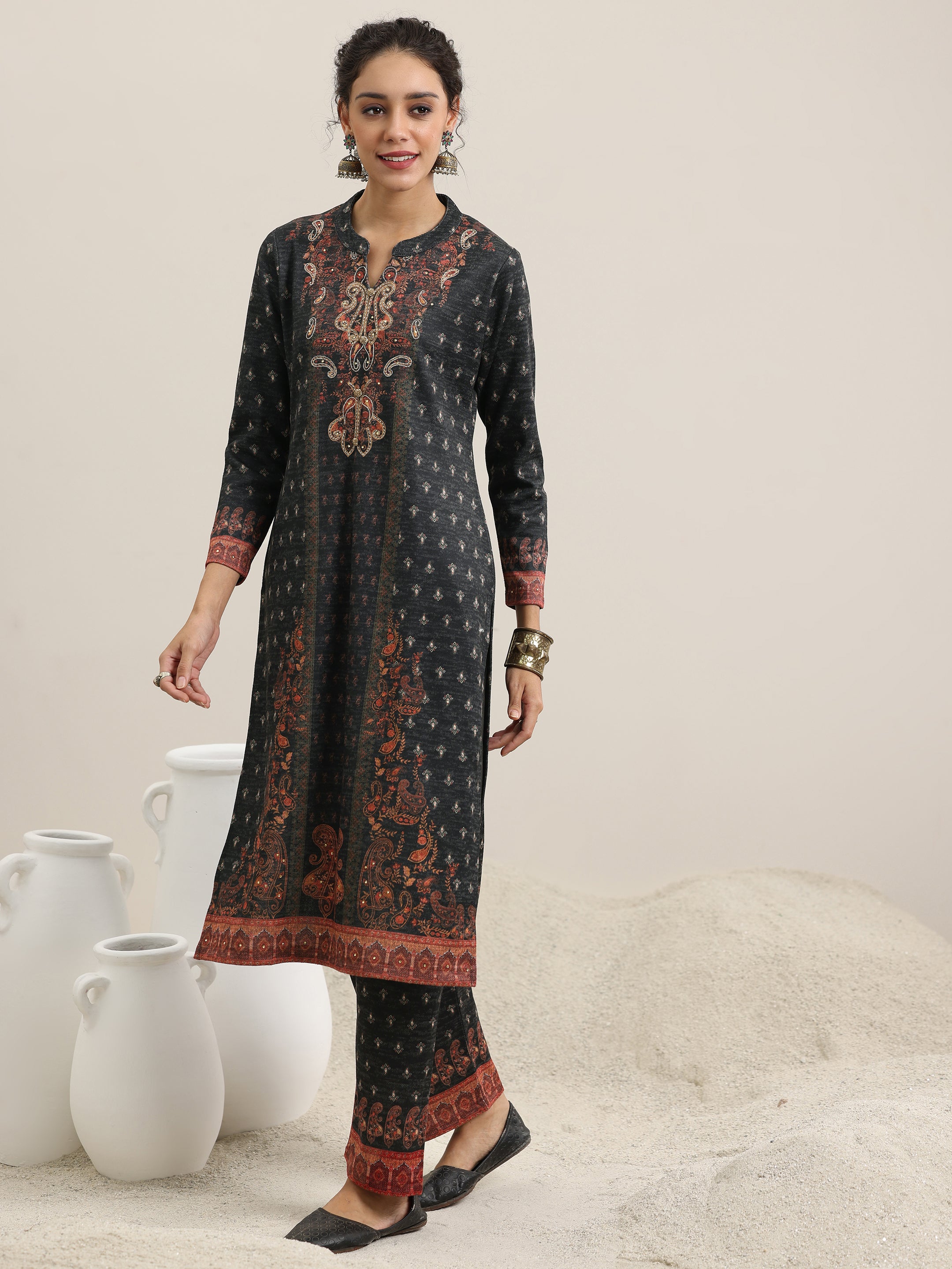 Grey Printed Wool Blend Straight Suit With Dupatta