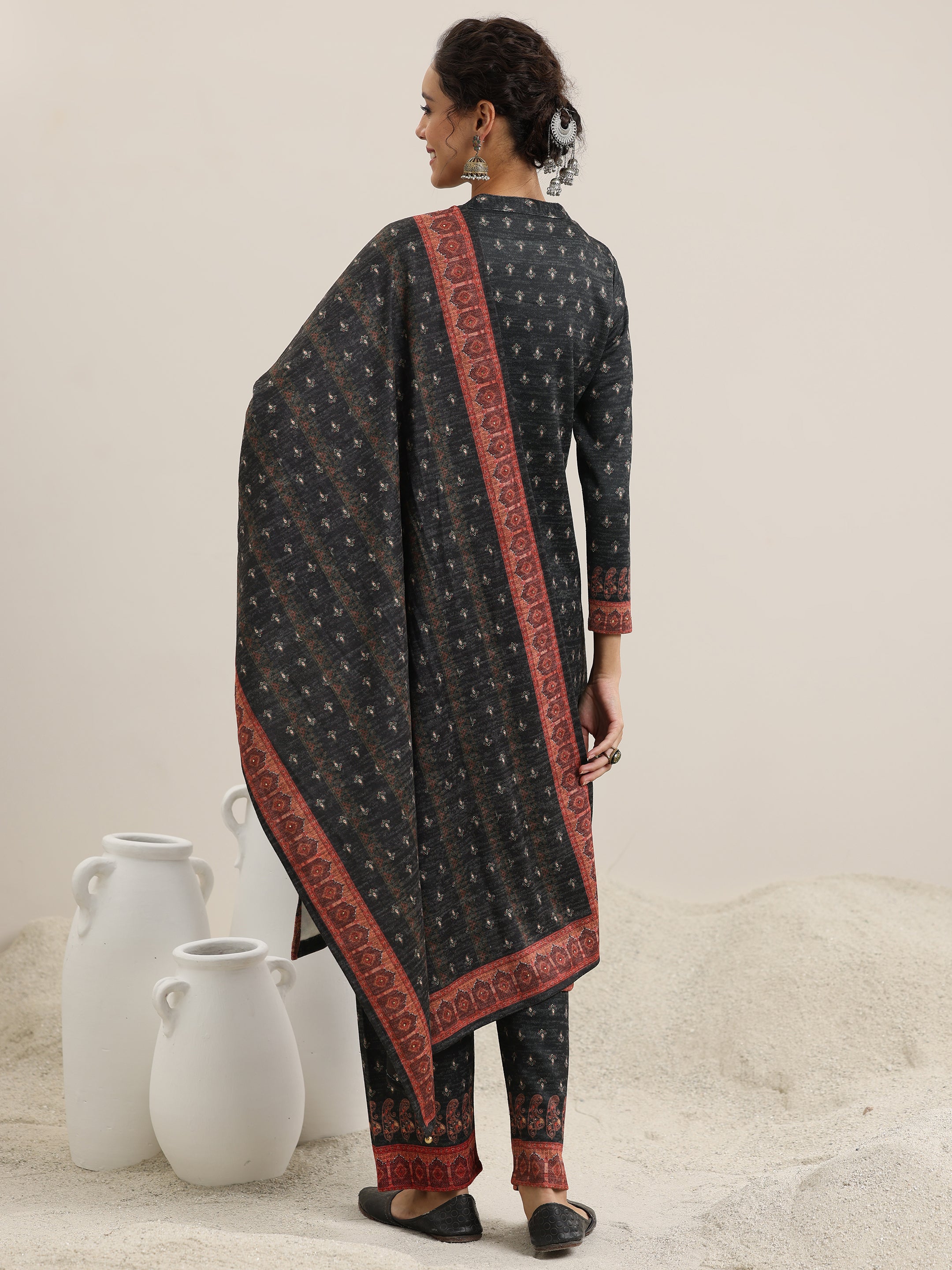 Grey Printed Wool Blend Straight Suit With Dupatta