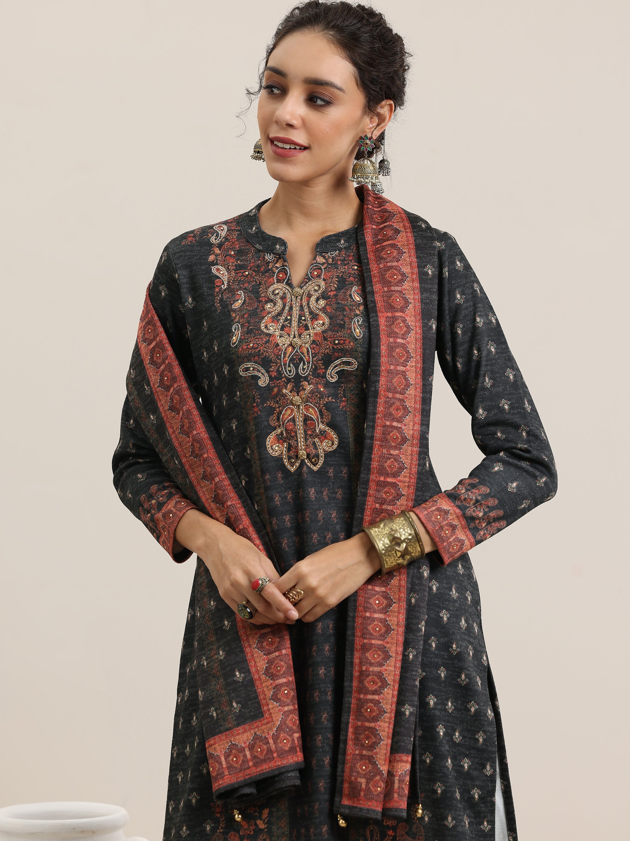 Grey Printed Wool Blend Straight Suit With Dupatta