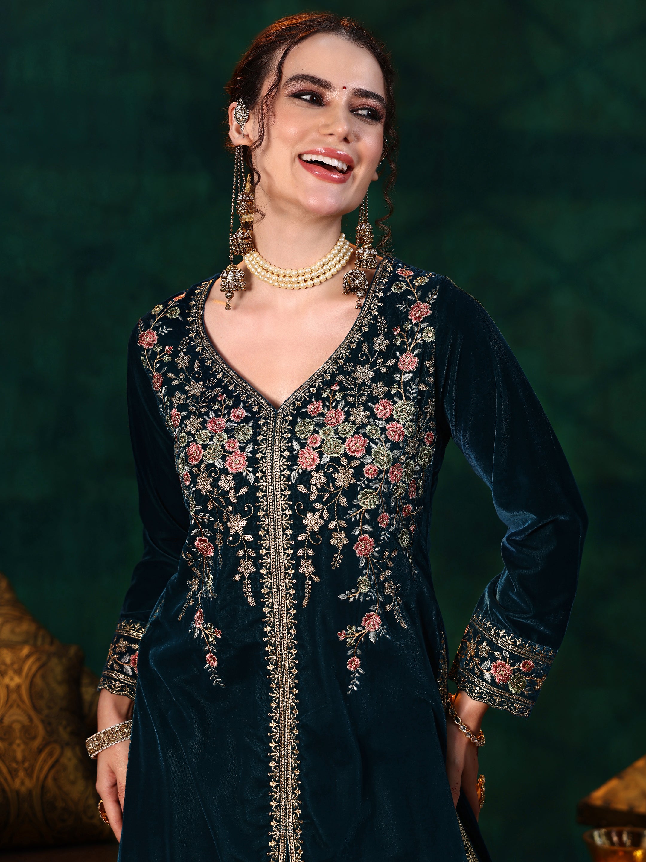 Teal Embroidered Velvet Straight Suit With Dupatta