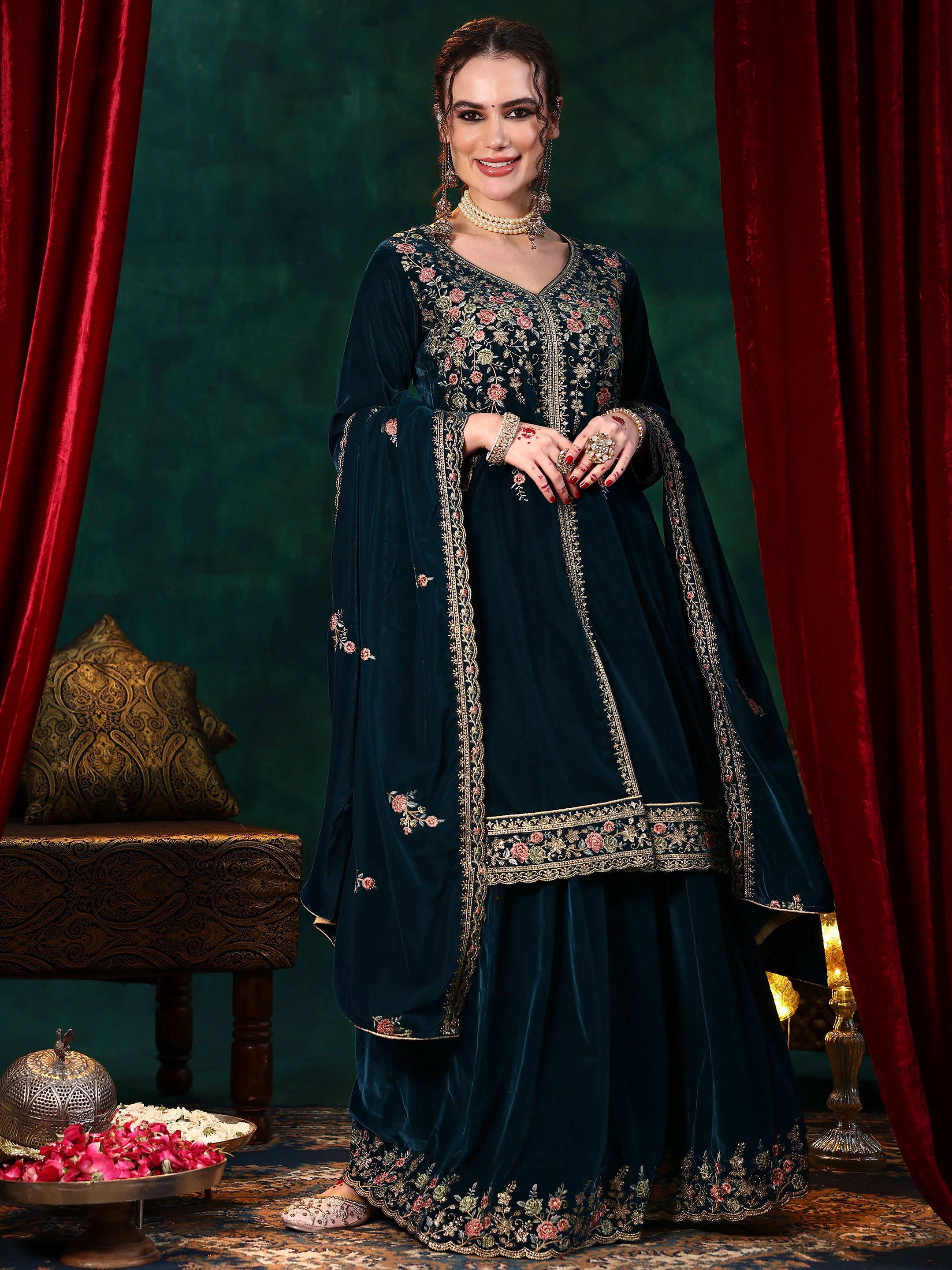 Teal Embroidered Velvet Straight Suit With Dupatta