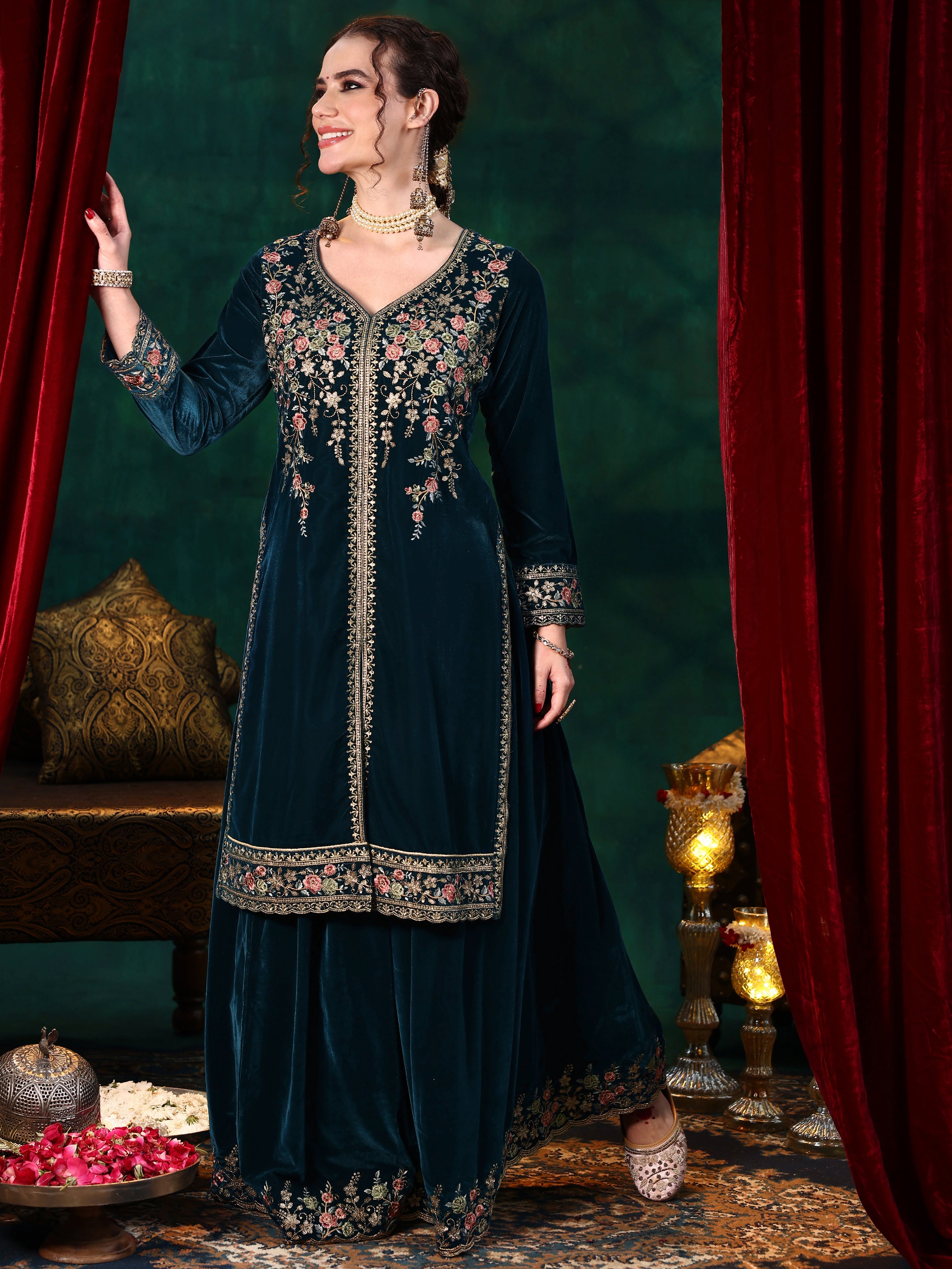 Teal Embroidered Velvet Straight Suit With Dupatta