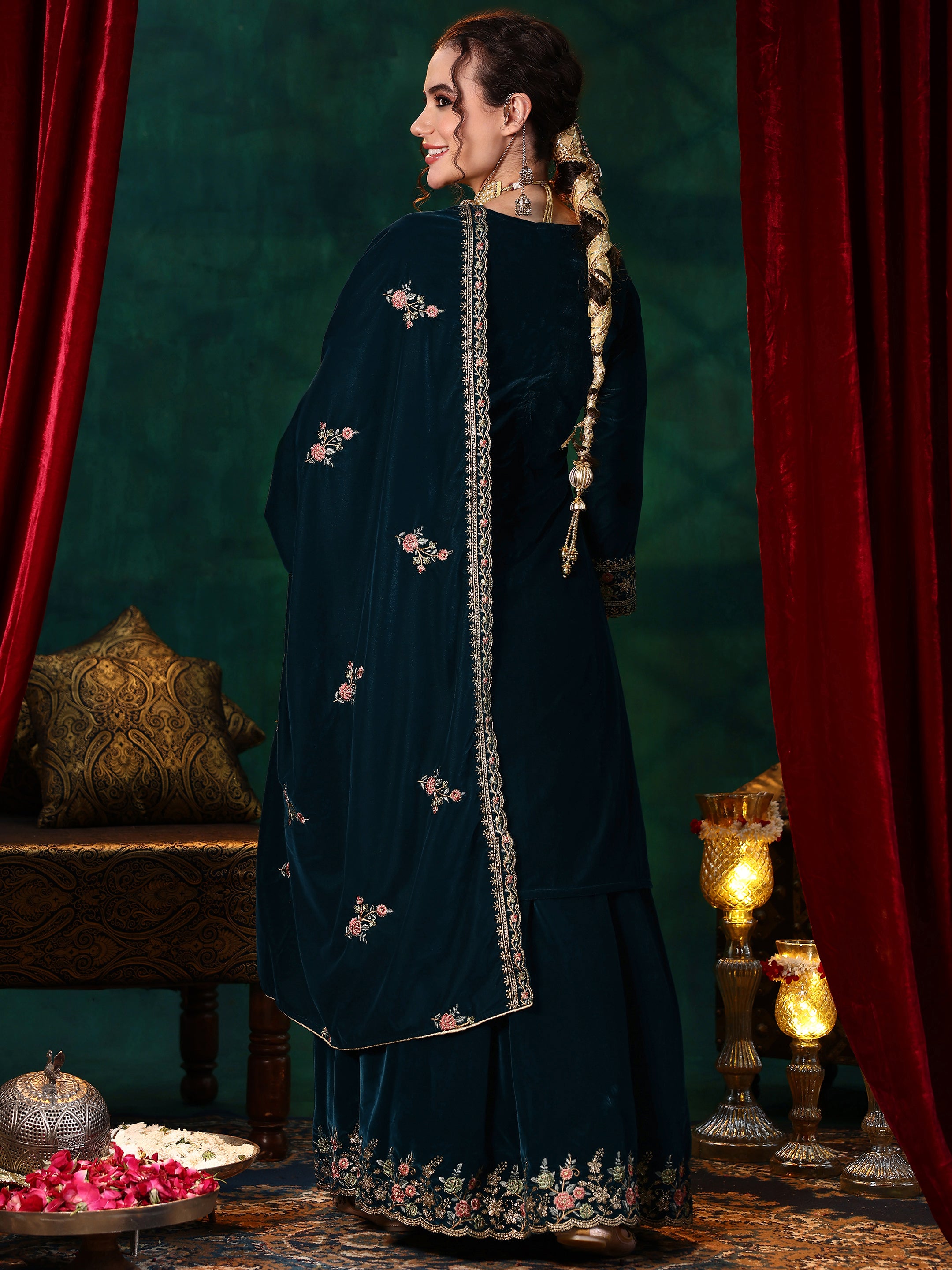 Teal Embroidered Velvet Straight Suit With Dupatta