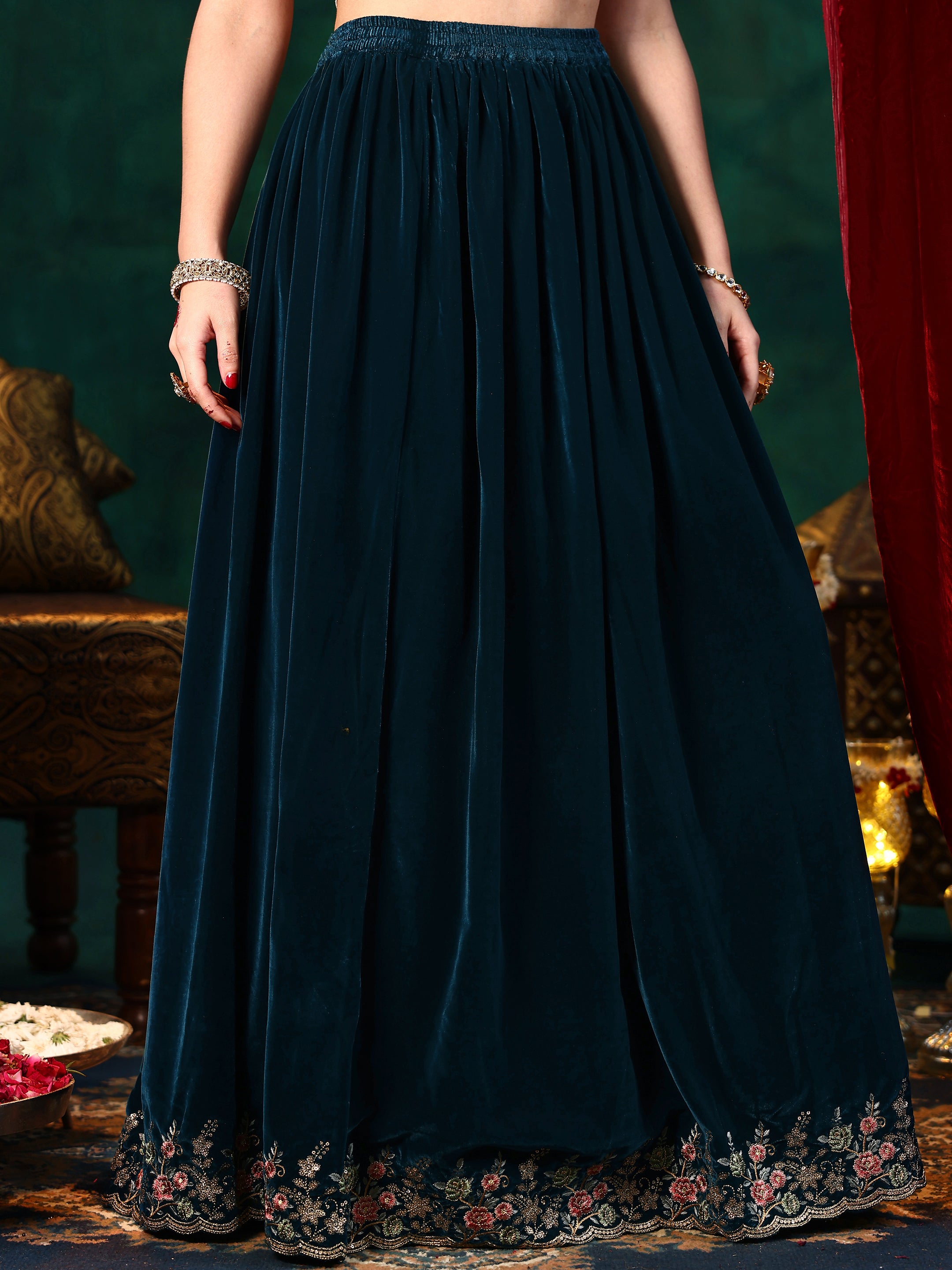 Teal Embroidered Velvet Straight Suit With Dupatta