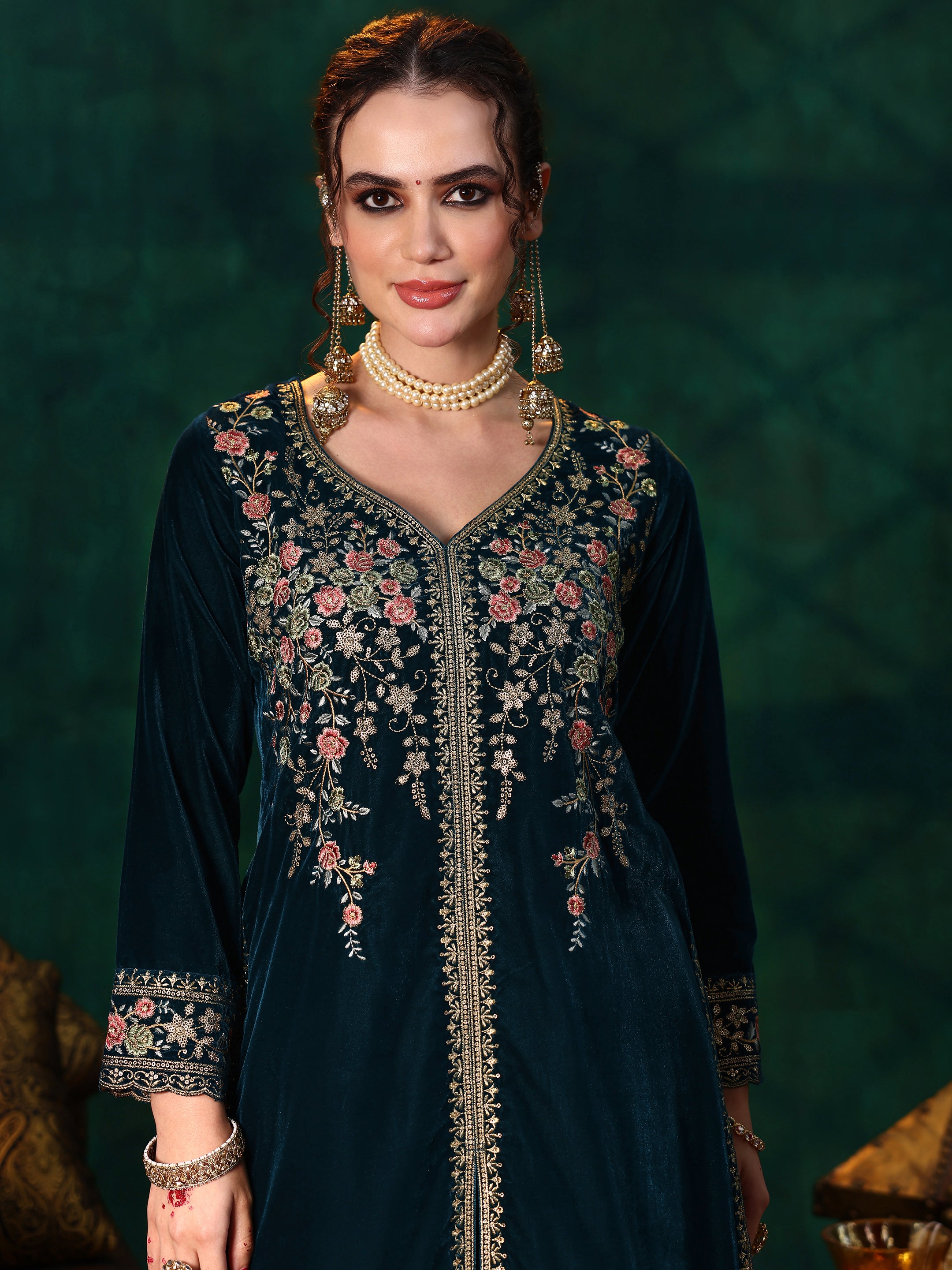 Teal Embroidered Velvet Straight Suit With Dupatta