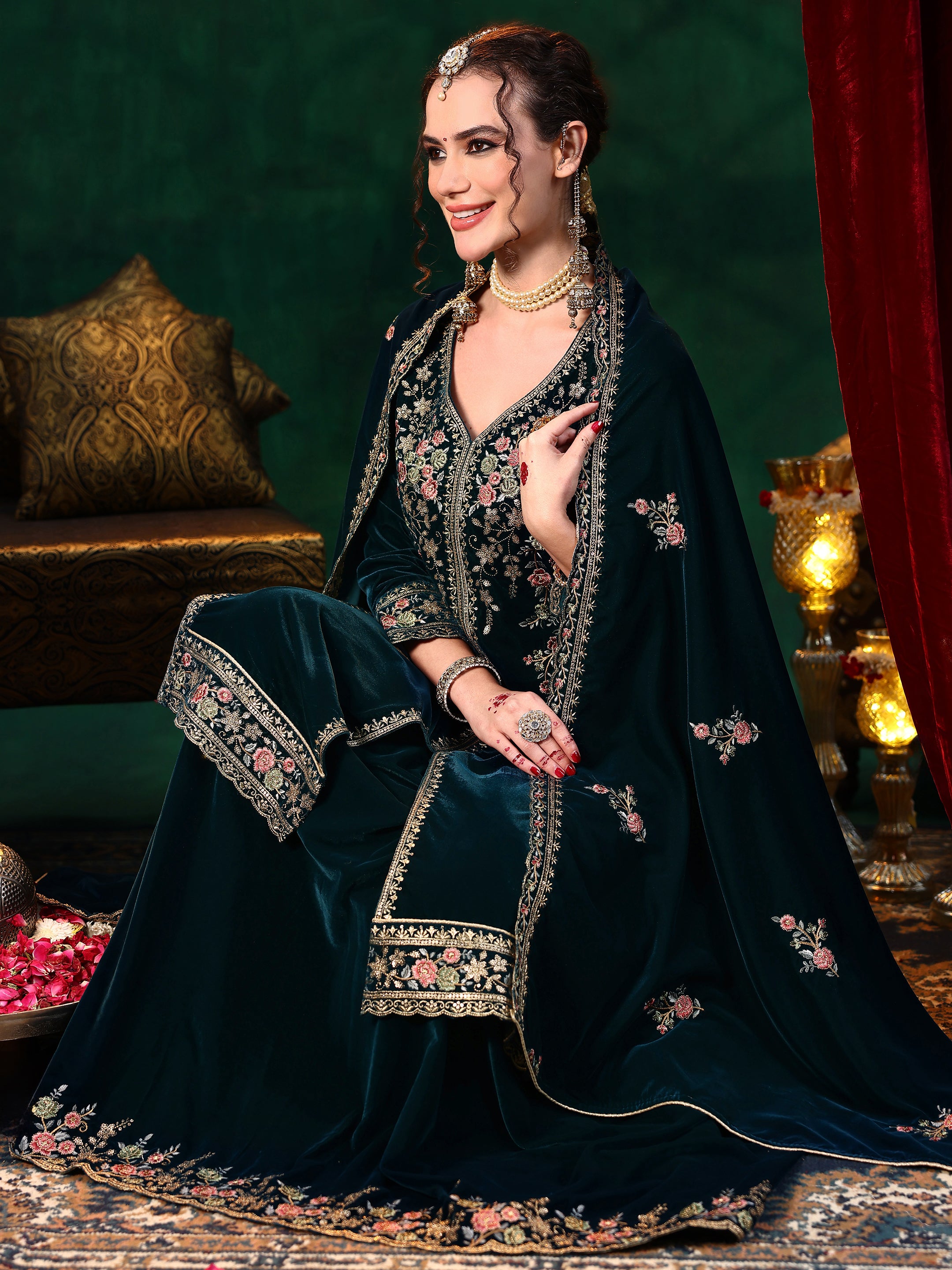 Teal Embroidered Velvet Straight Suit With Dupatta