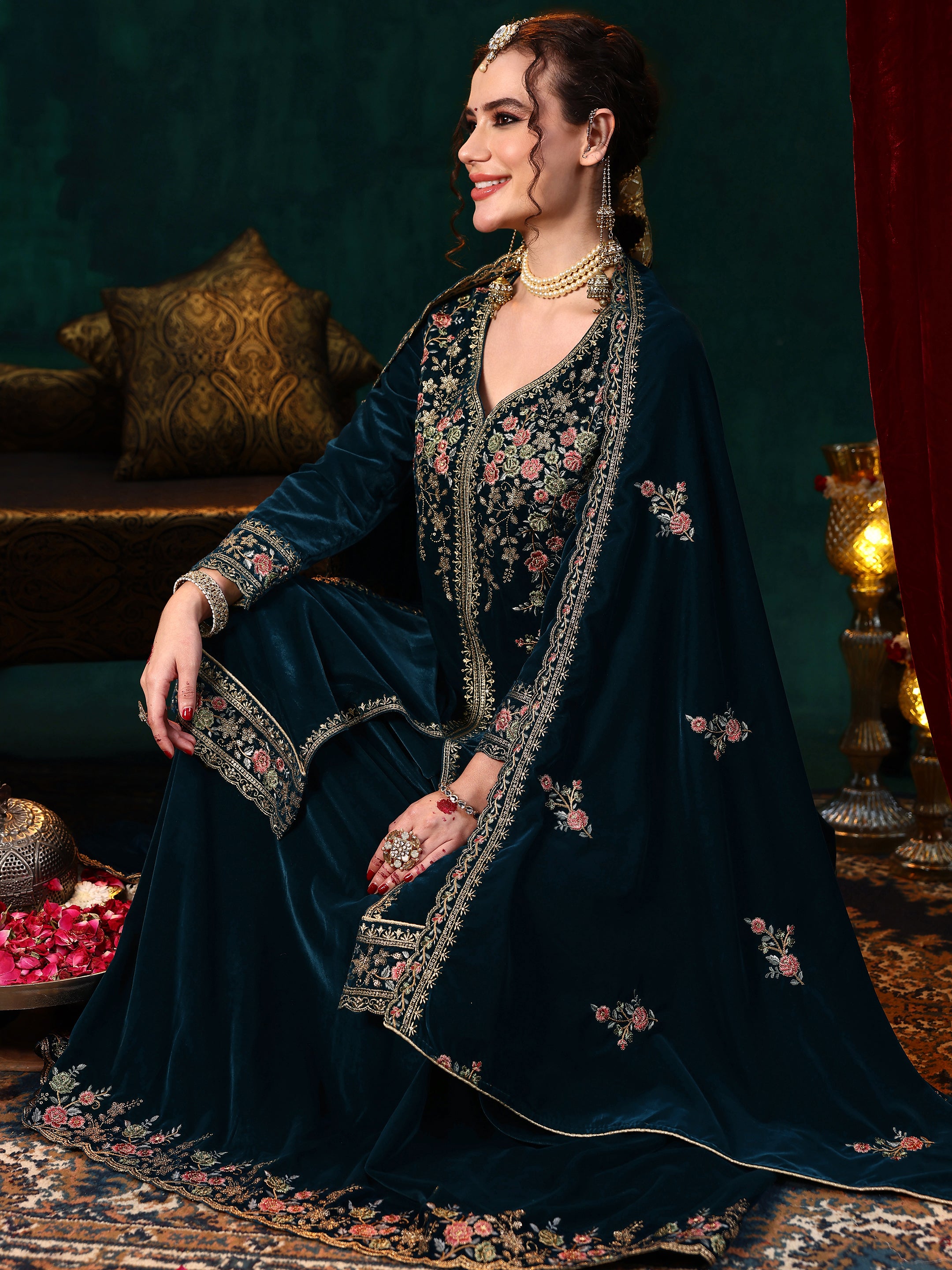 Teal Embroidered Velvet Straight Suit With Dupatta