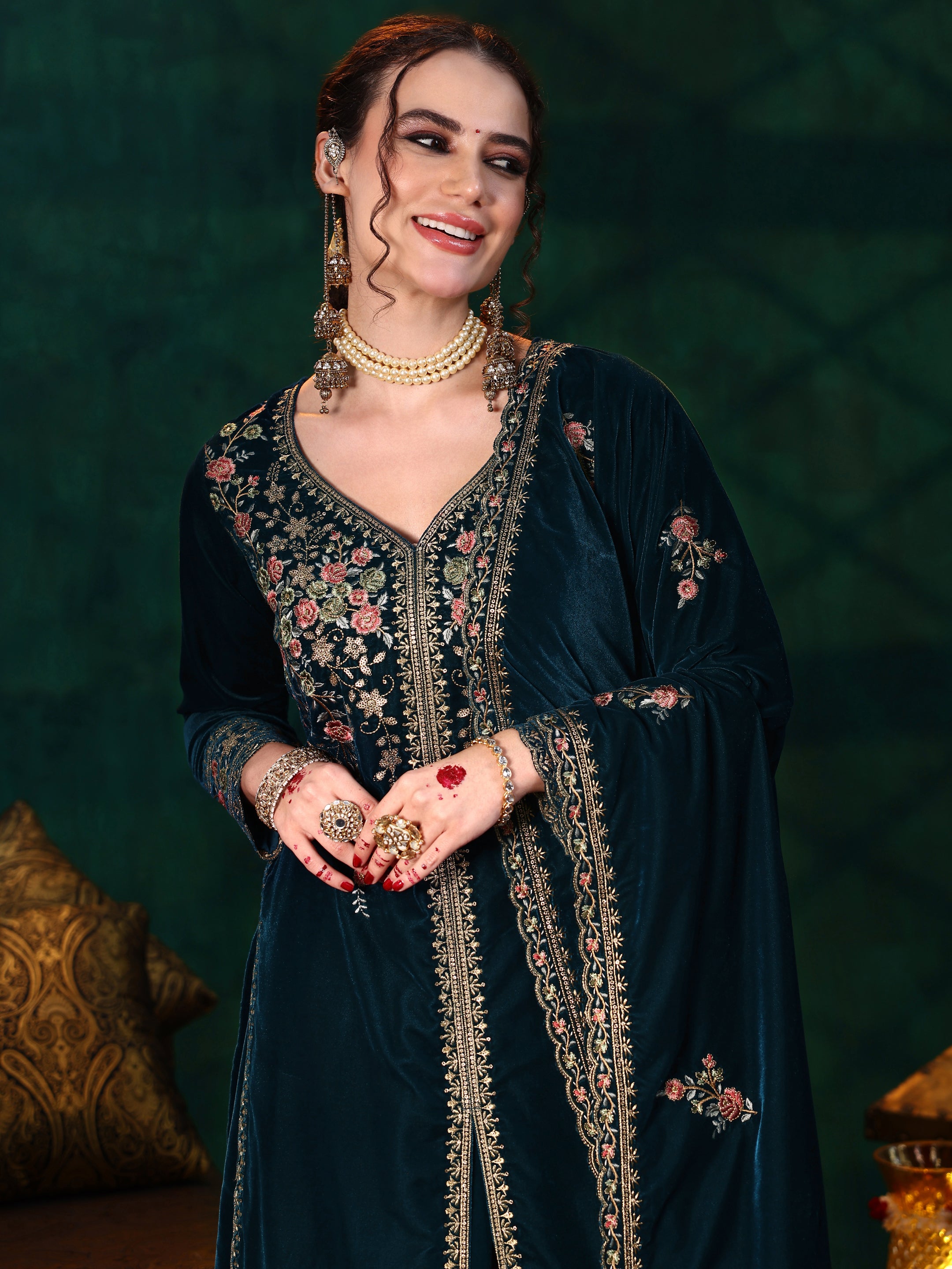 Teal Embroidered Velvet Straight Suit With Dupatta