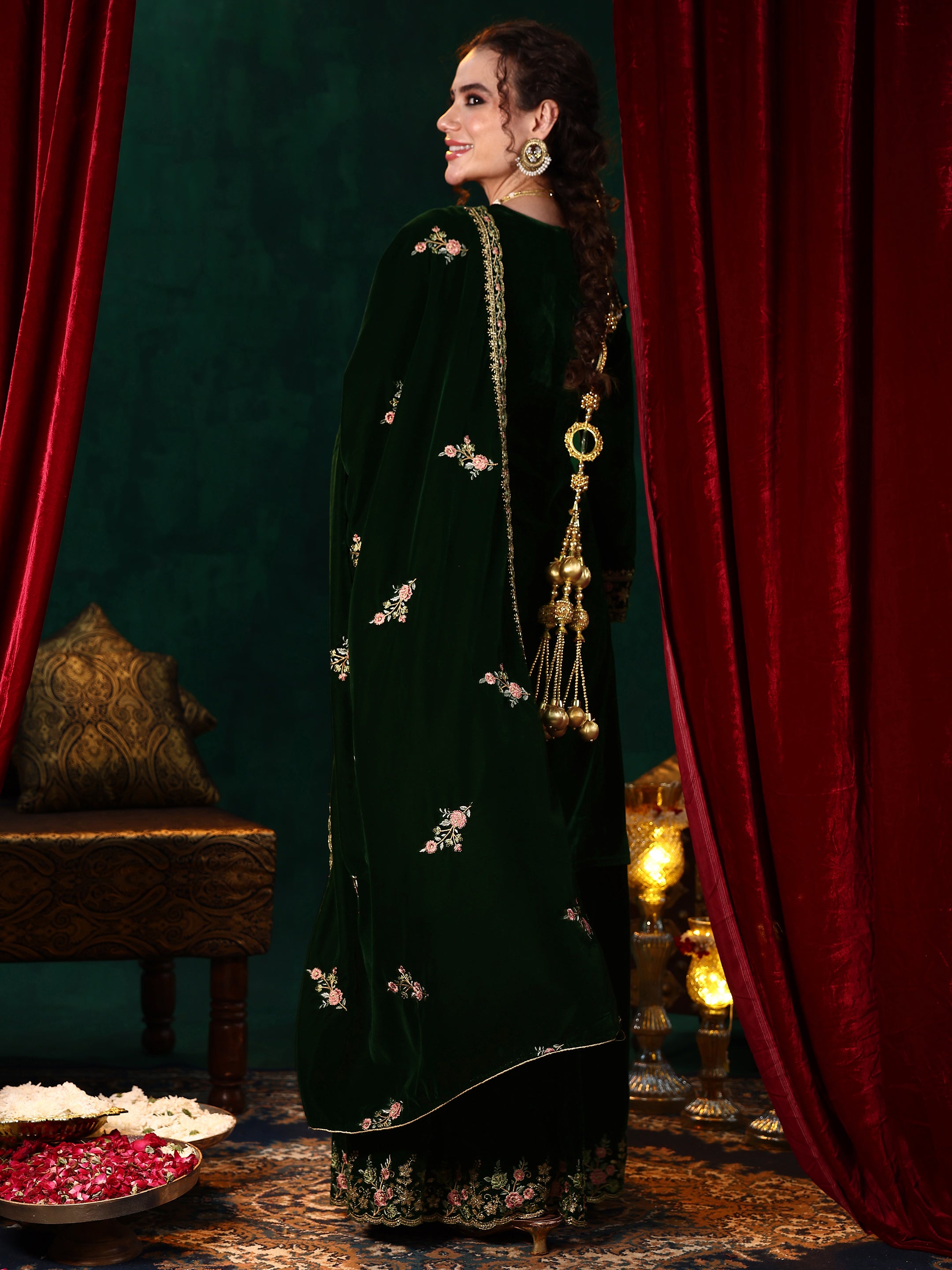 Green Embroidered Velvet Straight Suit With Dupatta