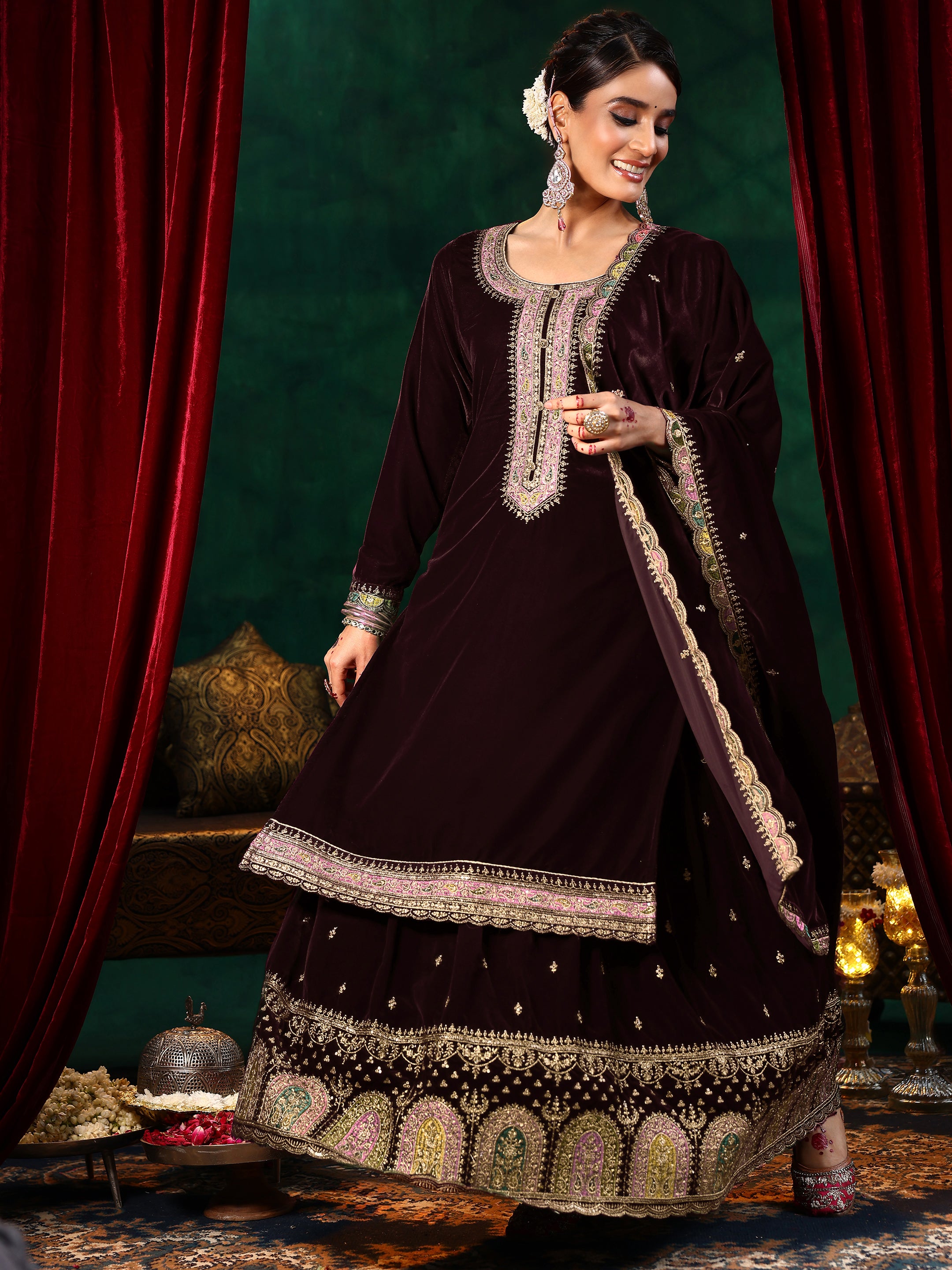 Burgundy Embroidered Velvet Straight Suit With Dupatta