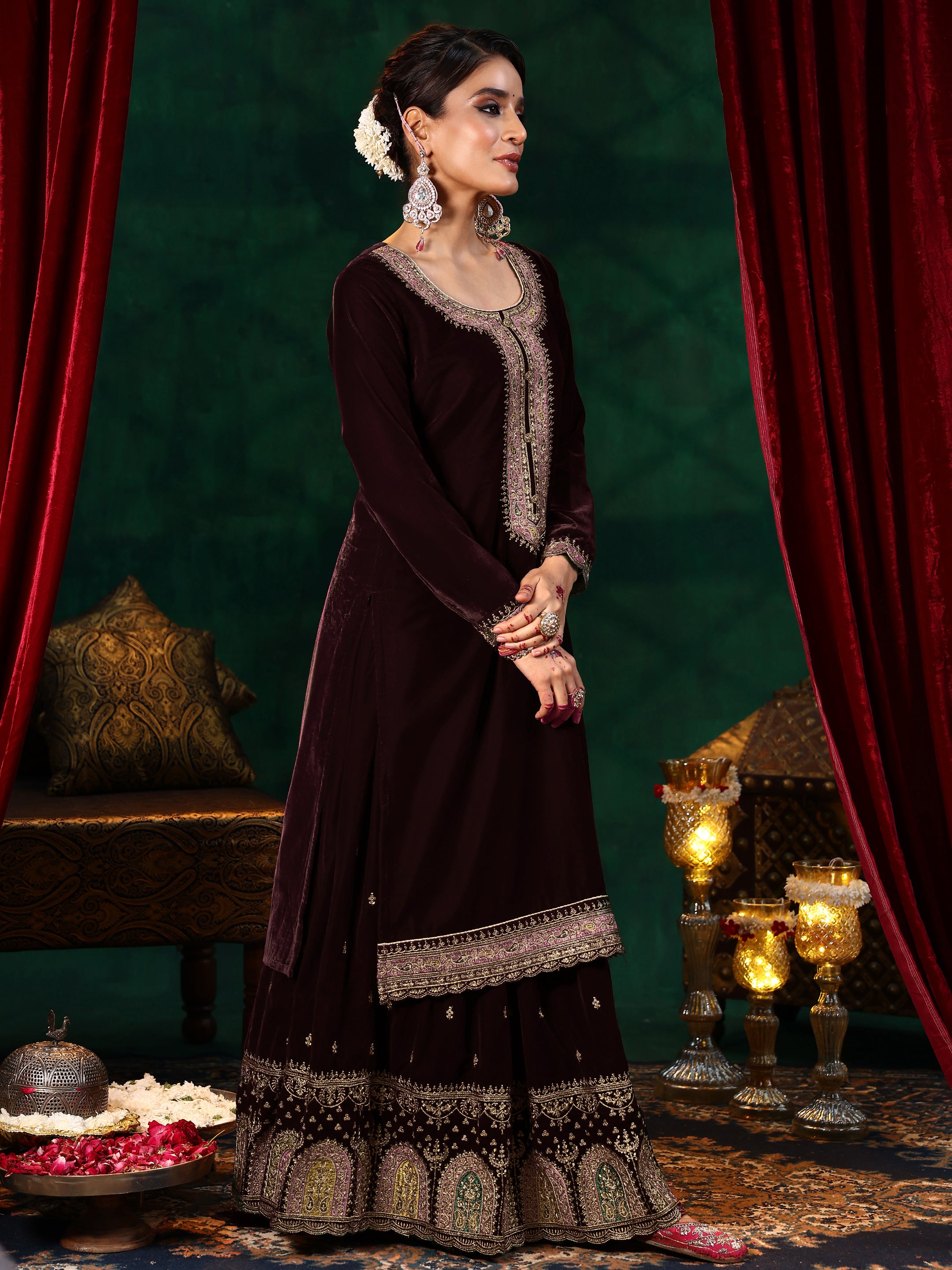 Burgundy Embroidered Velvet Straight Suit With Dupatta