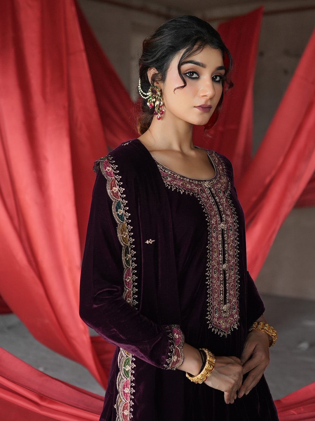 Burgundy Embroidered Velvet Straight Suit With Dupatta