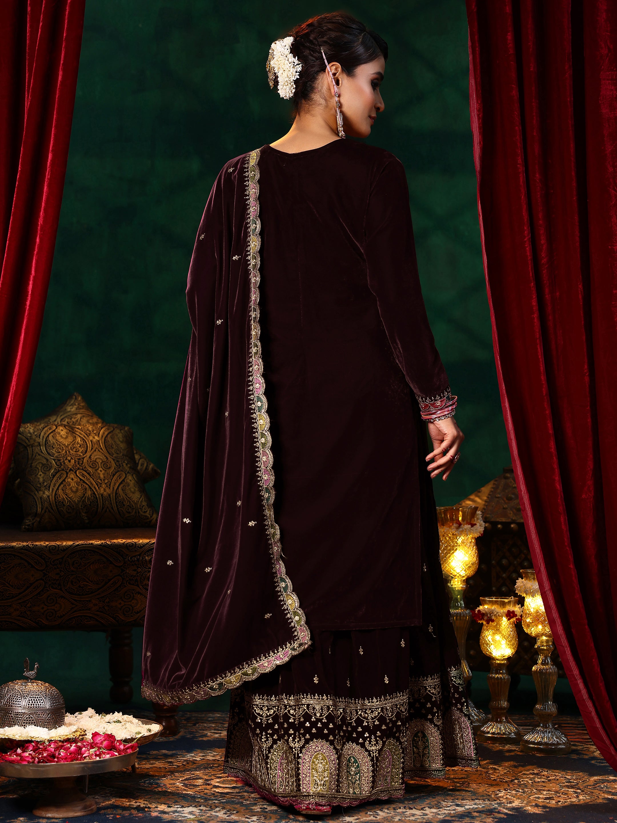 Burgundy Embroidered Velvet Straight Suit With Dupatta