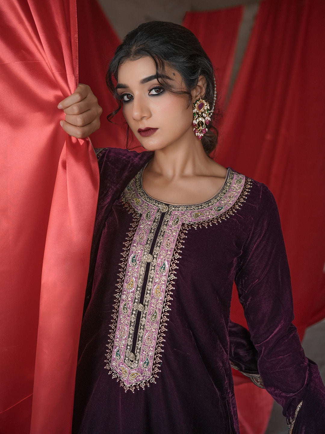 Burgundy Embroidered Velvet Straight Suit With Dupatta