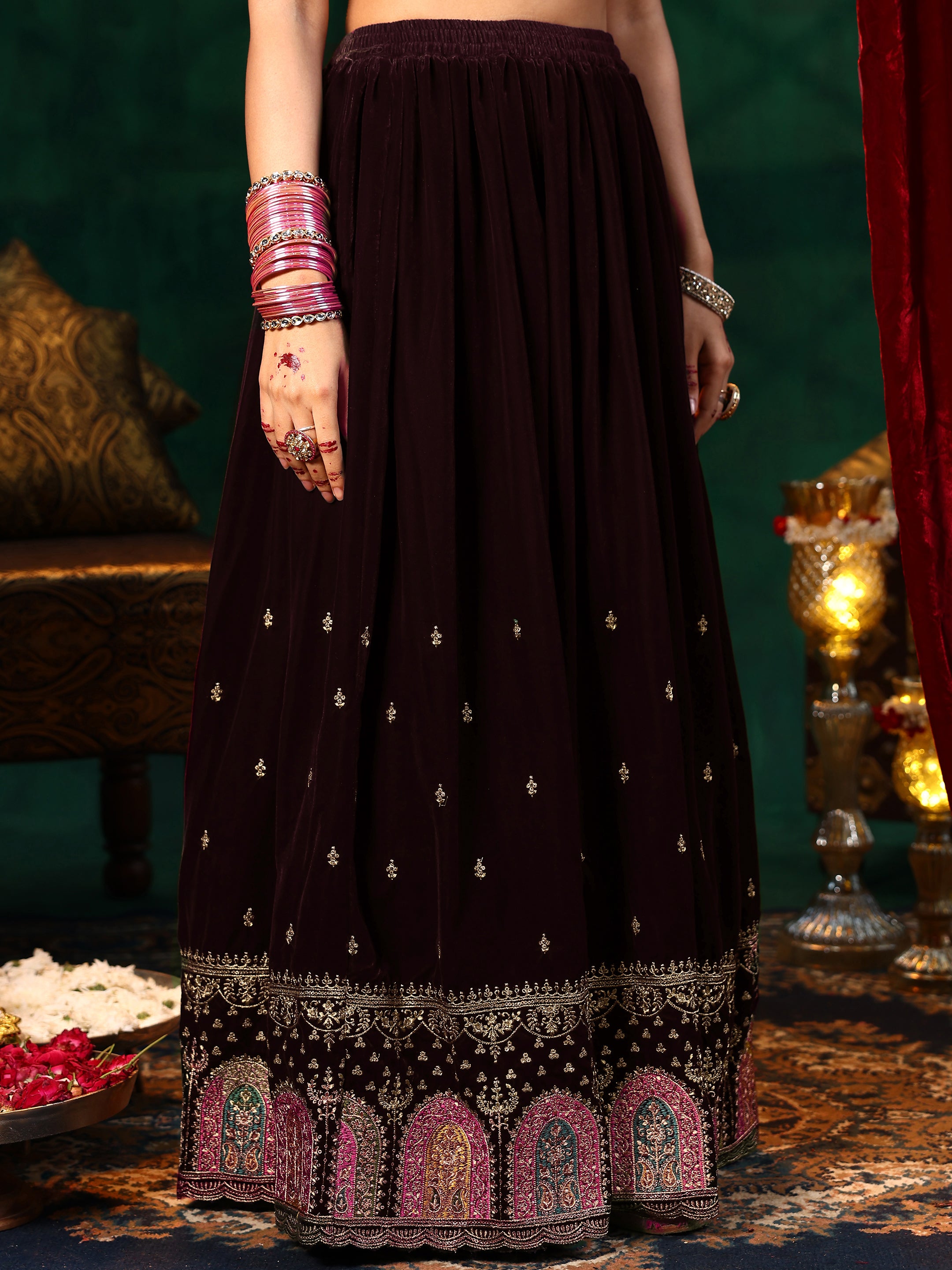 Burgundy Embroidered Velvet Straight Suit With Dupatta