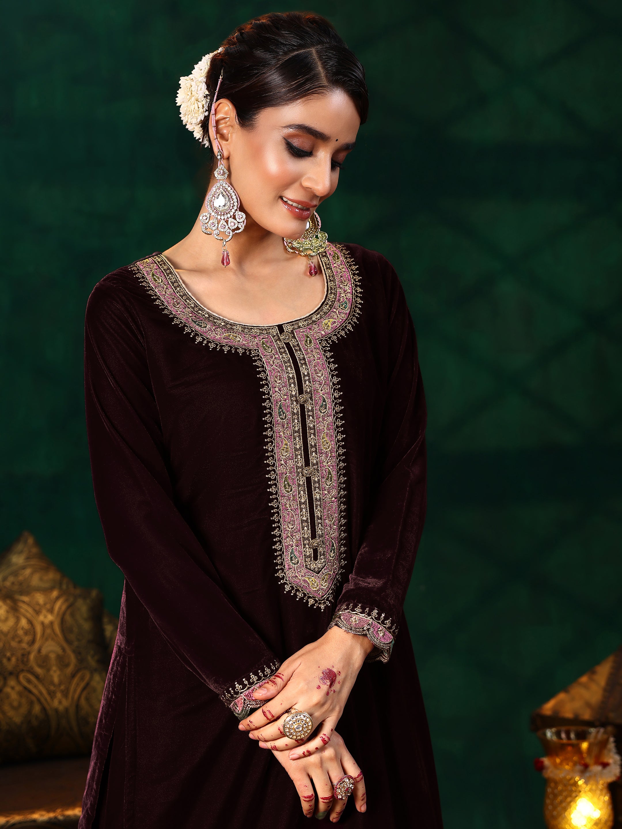 Burgundy Embroidered Velvet Straight Suit With Dupatta