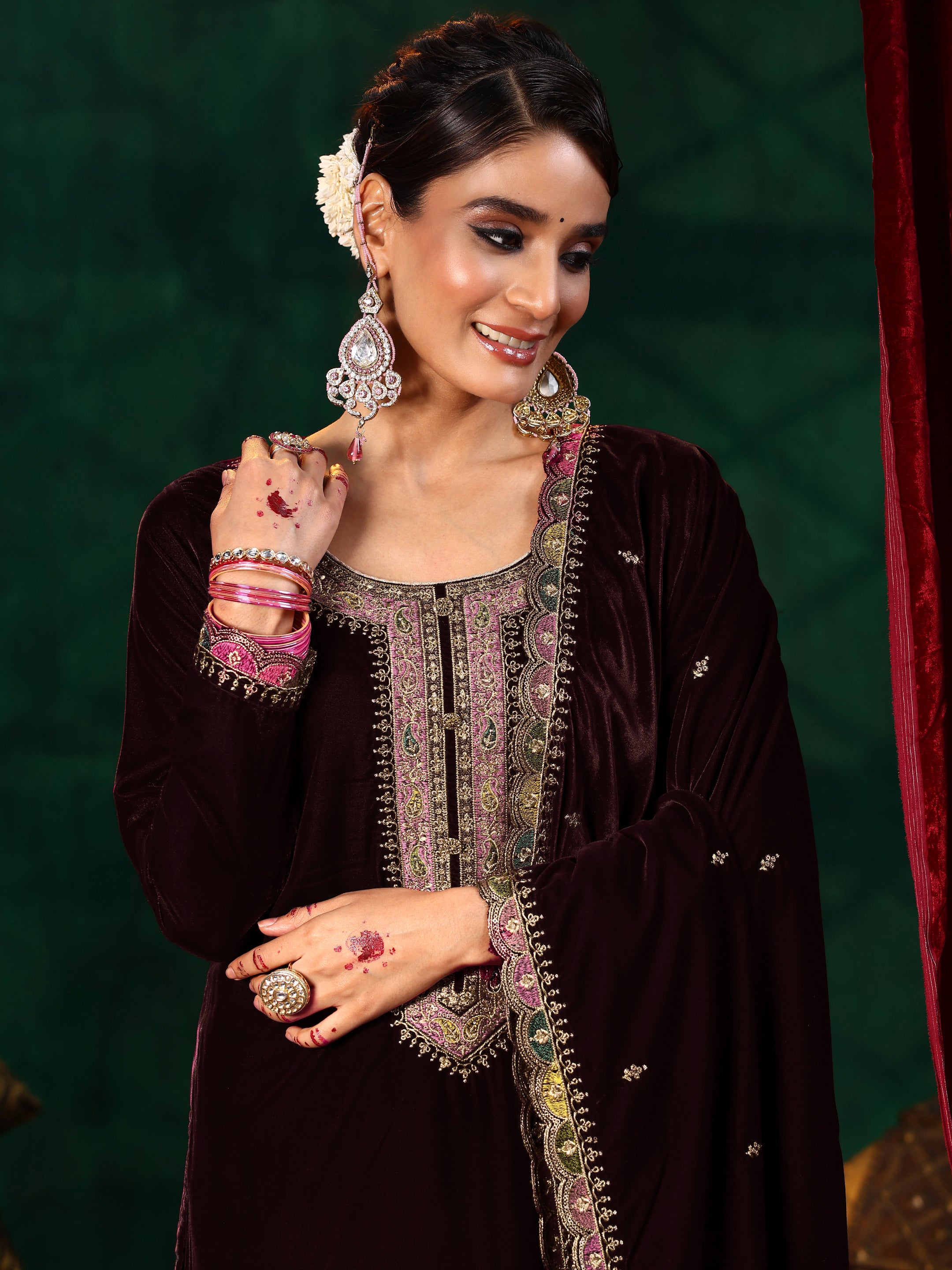 Burgundy Embroidered Velvet Straight Suit With Dupatta