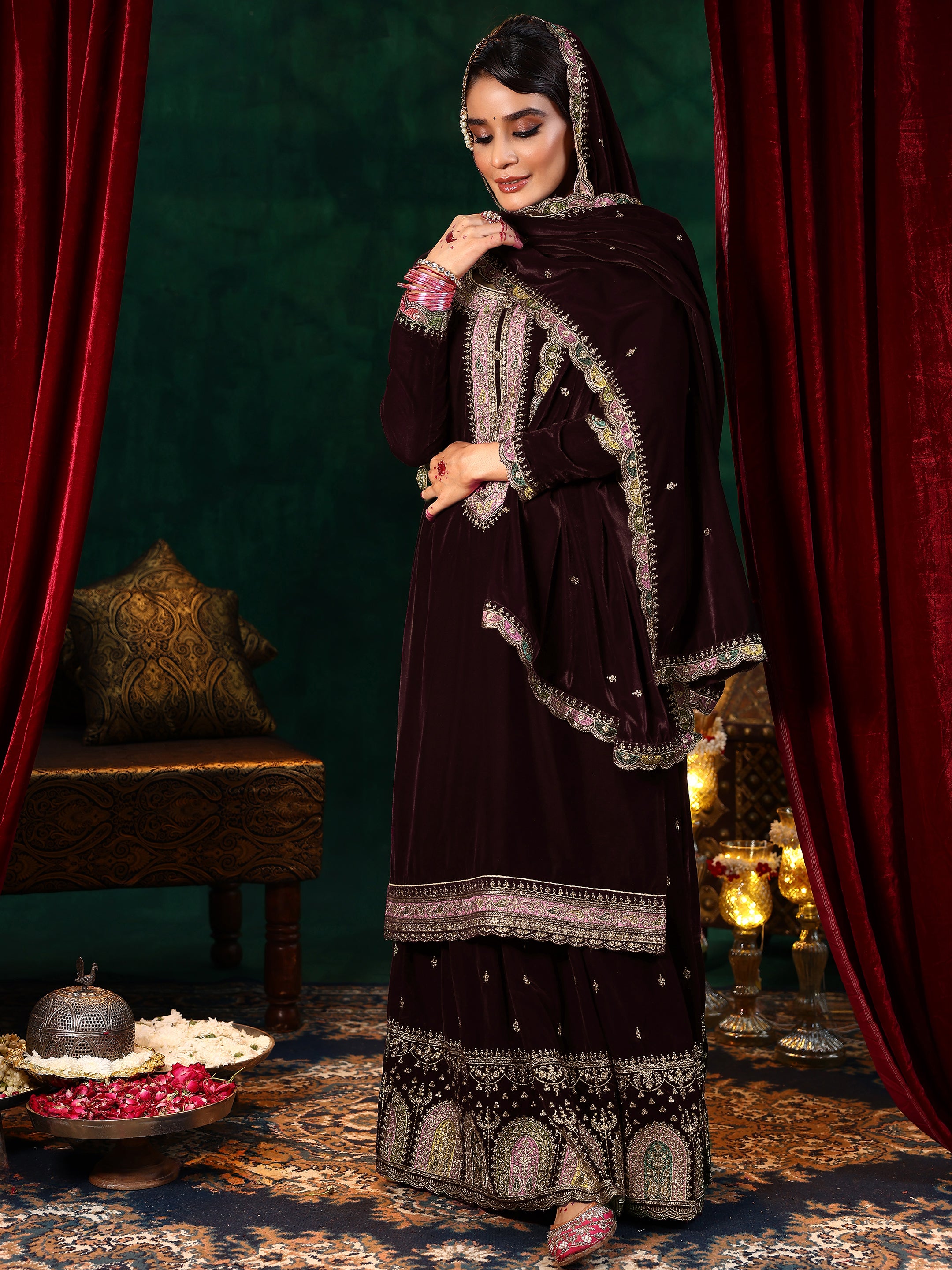 Burgundy Embroidered Velvet Straight Suit With Dupatta