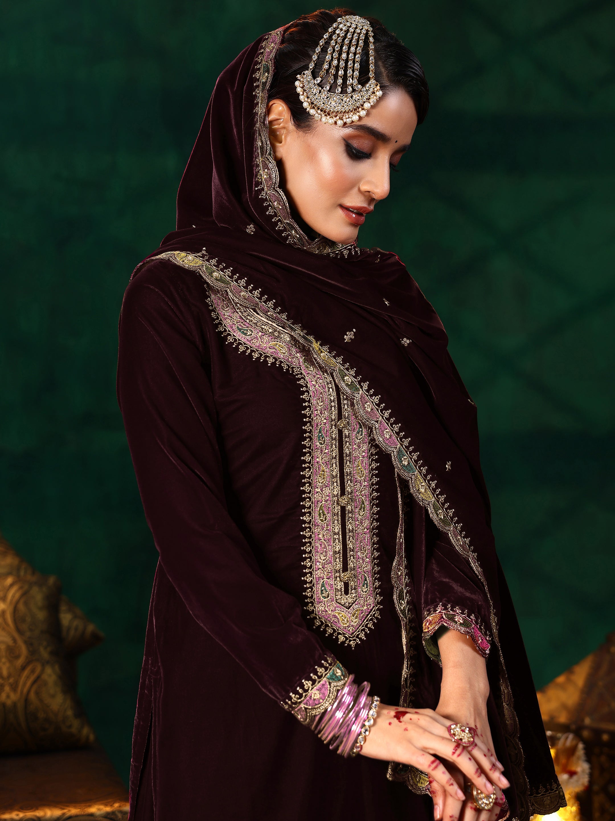 Burgundy Embroidered Velvet Straight Suit With Dupatta