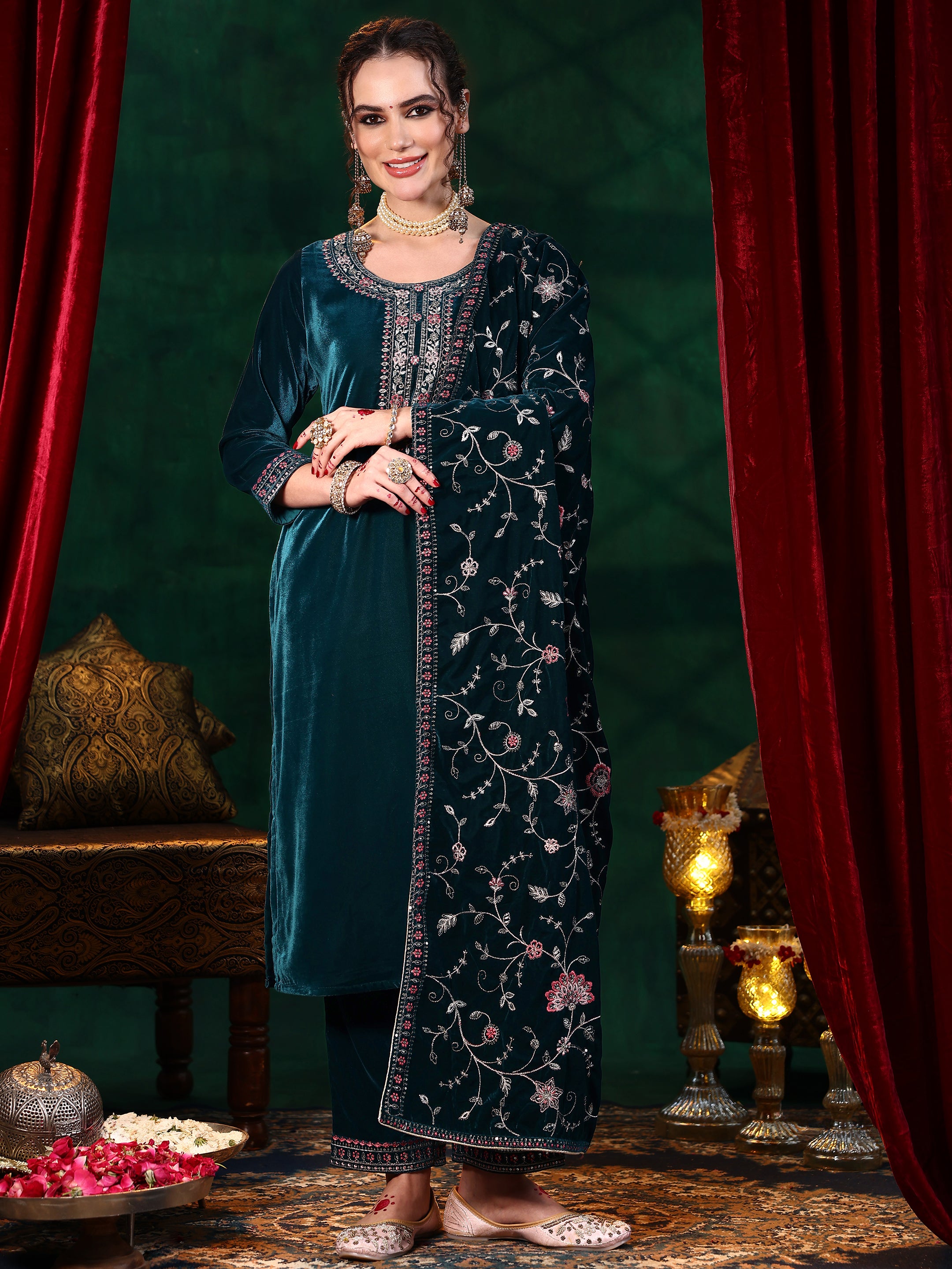 Blue Yoke Design Velvet Straight Suit With Dupatta