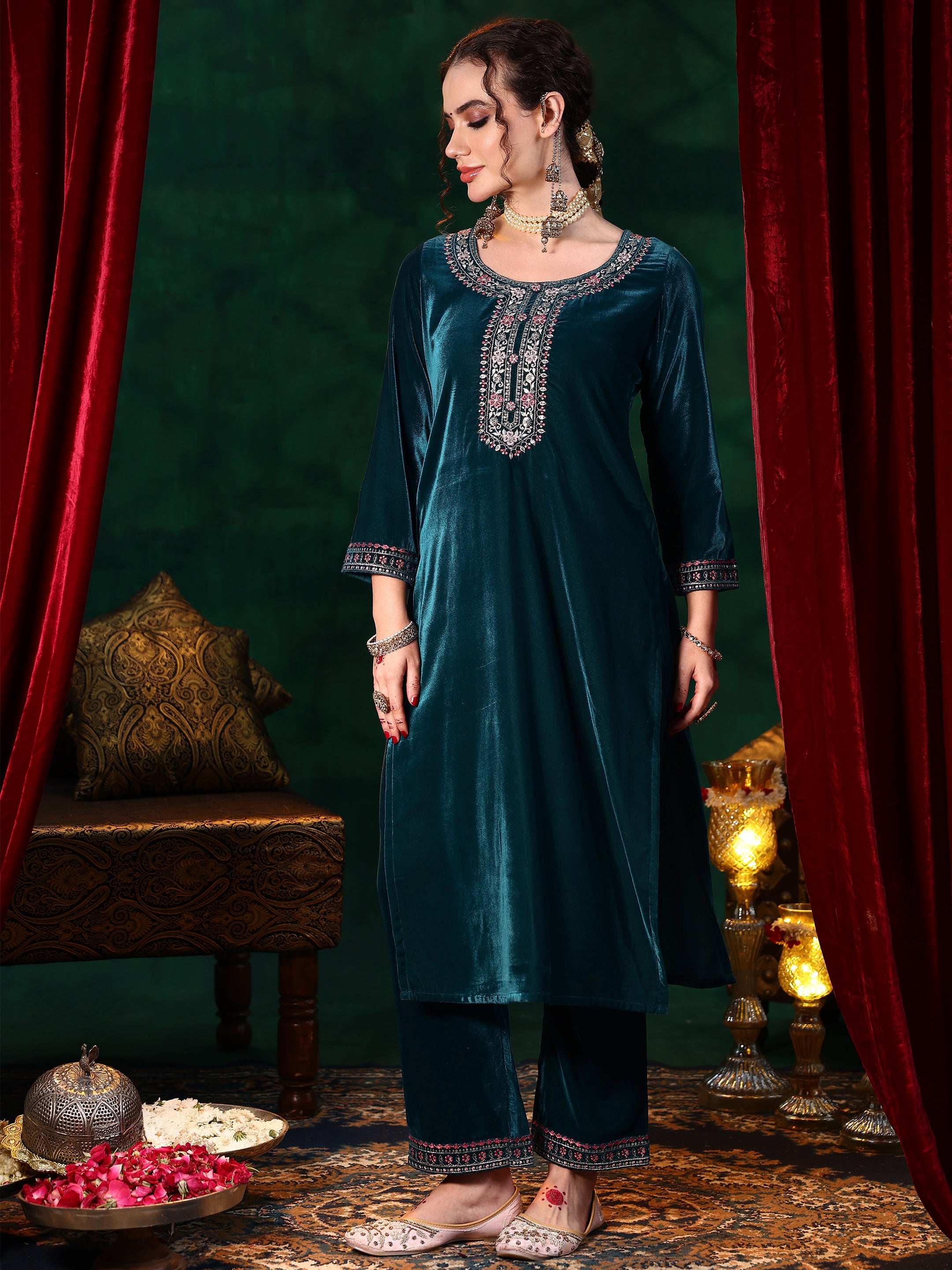 Blue Yoke Design Velvet Straight Suit With Dupatta