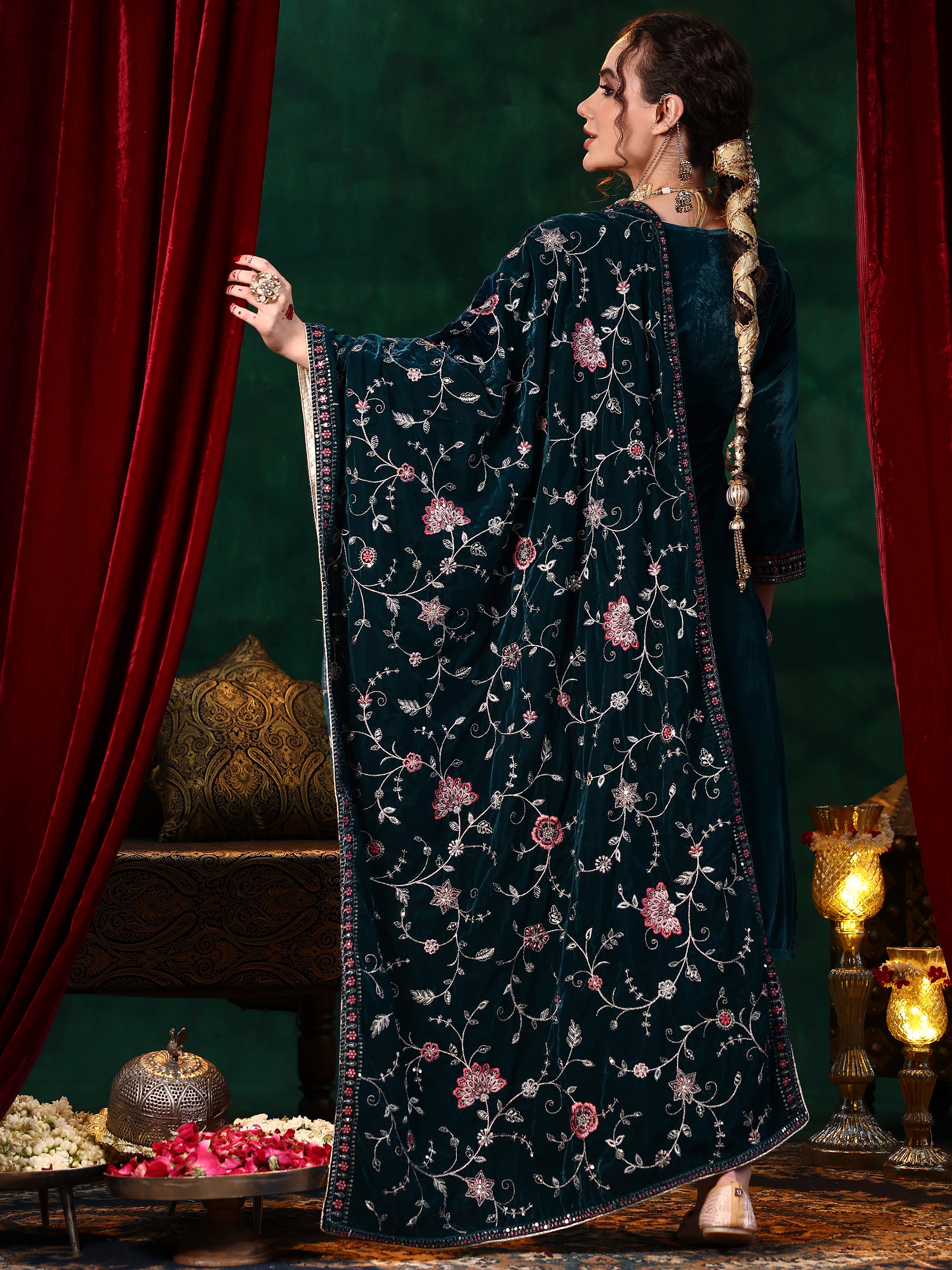 Blue Yoke Design Velvet Straight Suit With Dupatta