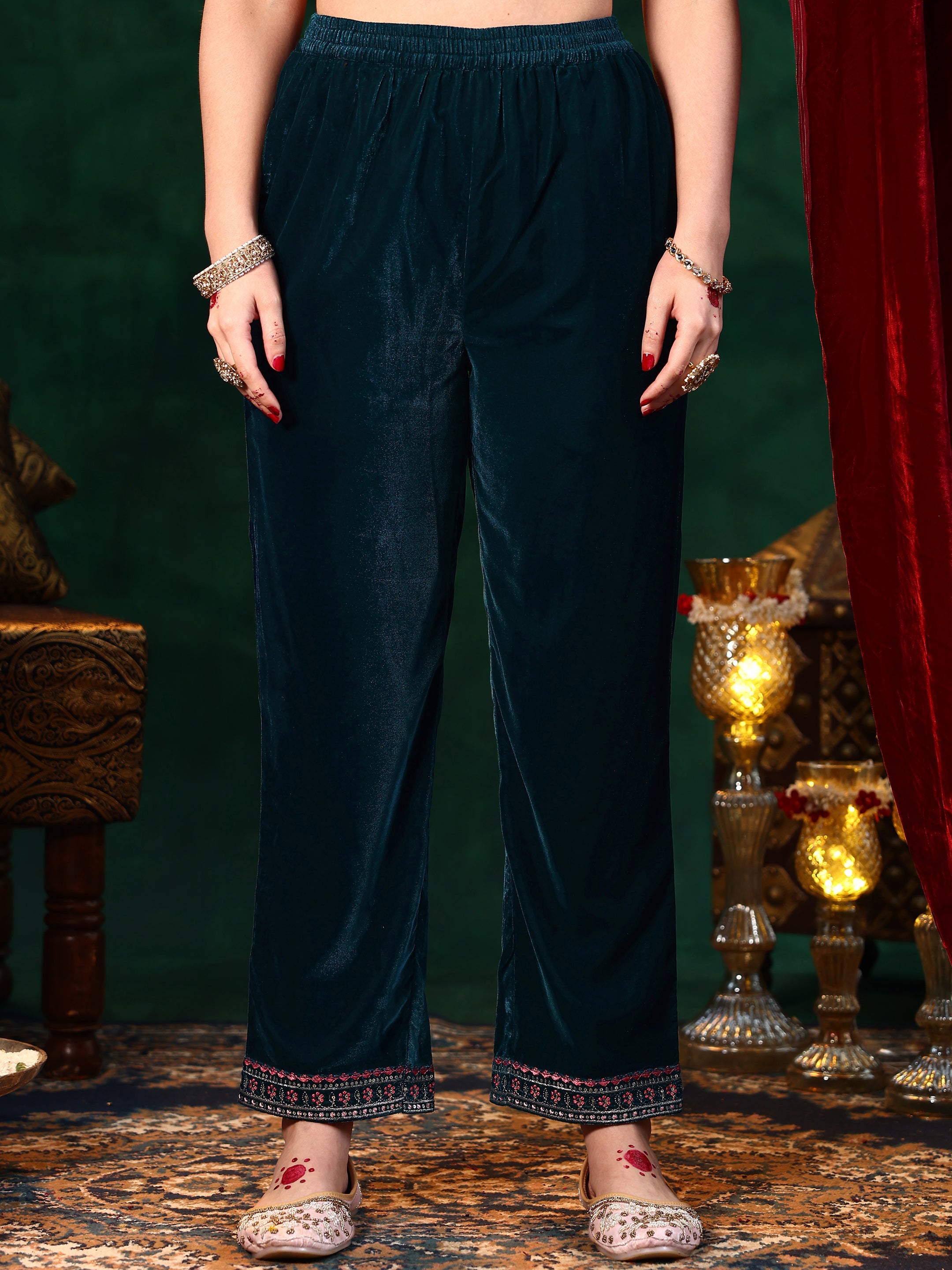 Blue Yoke Design Velvet Straight Suit With Dupatta