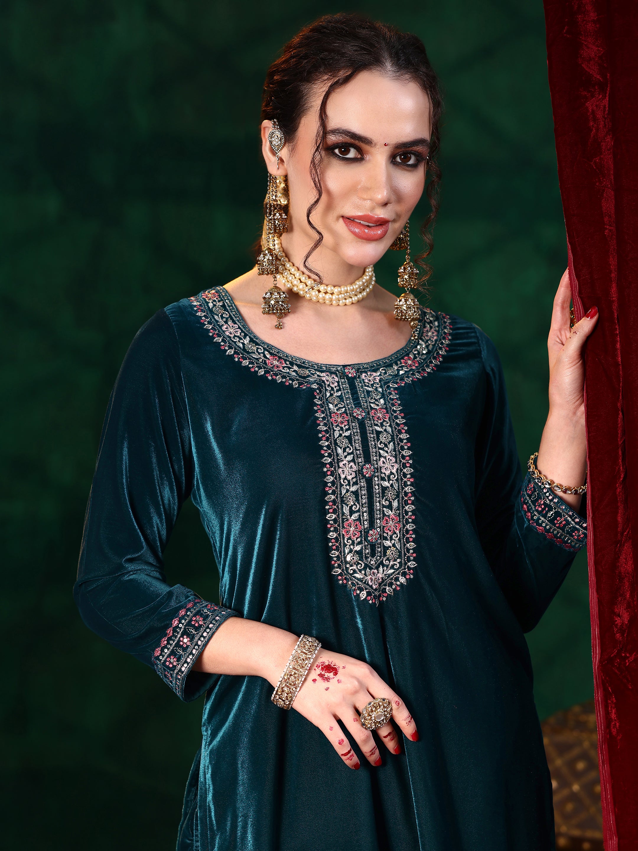 Blue Yoke Design Velvet Straight Suit With Dupatta