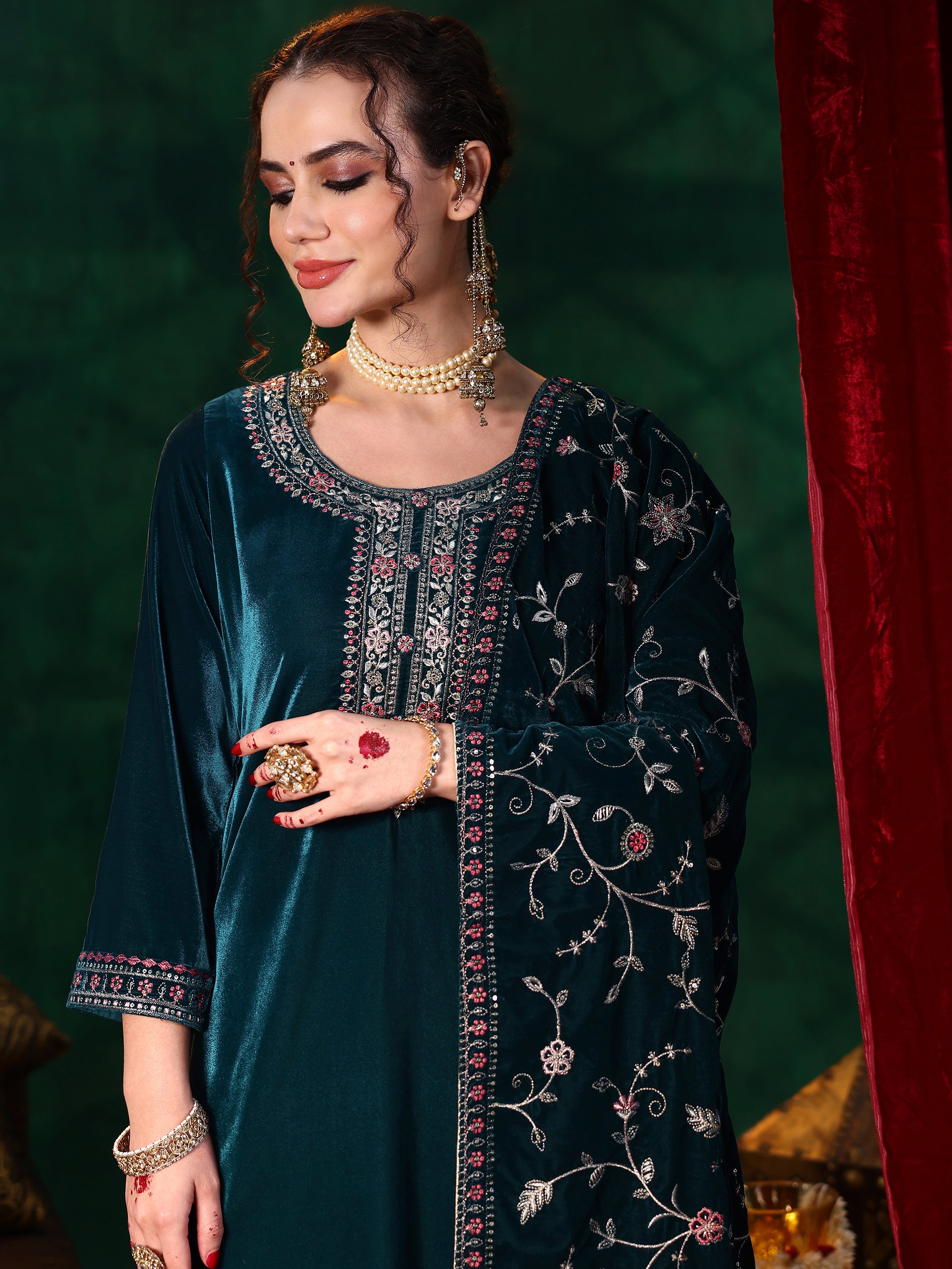 Blue Yoke Design Velvet Straight Suit With Dupatta