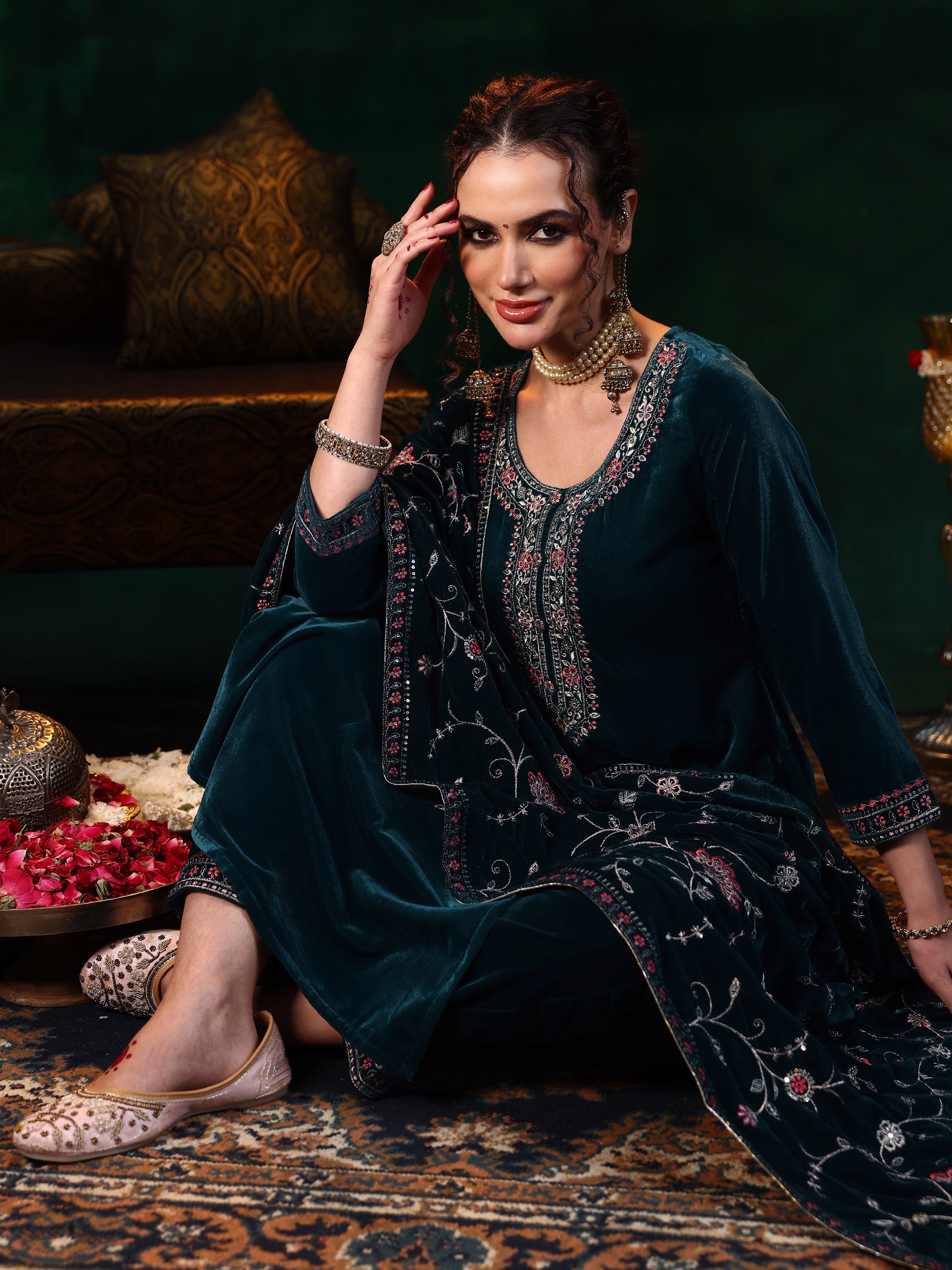 Blue Yoke Design Velvet Straight Suit With Dupatta