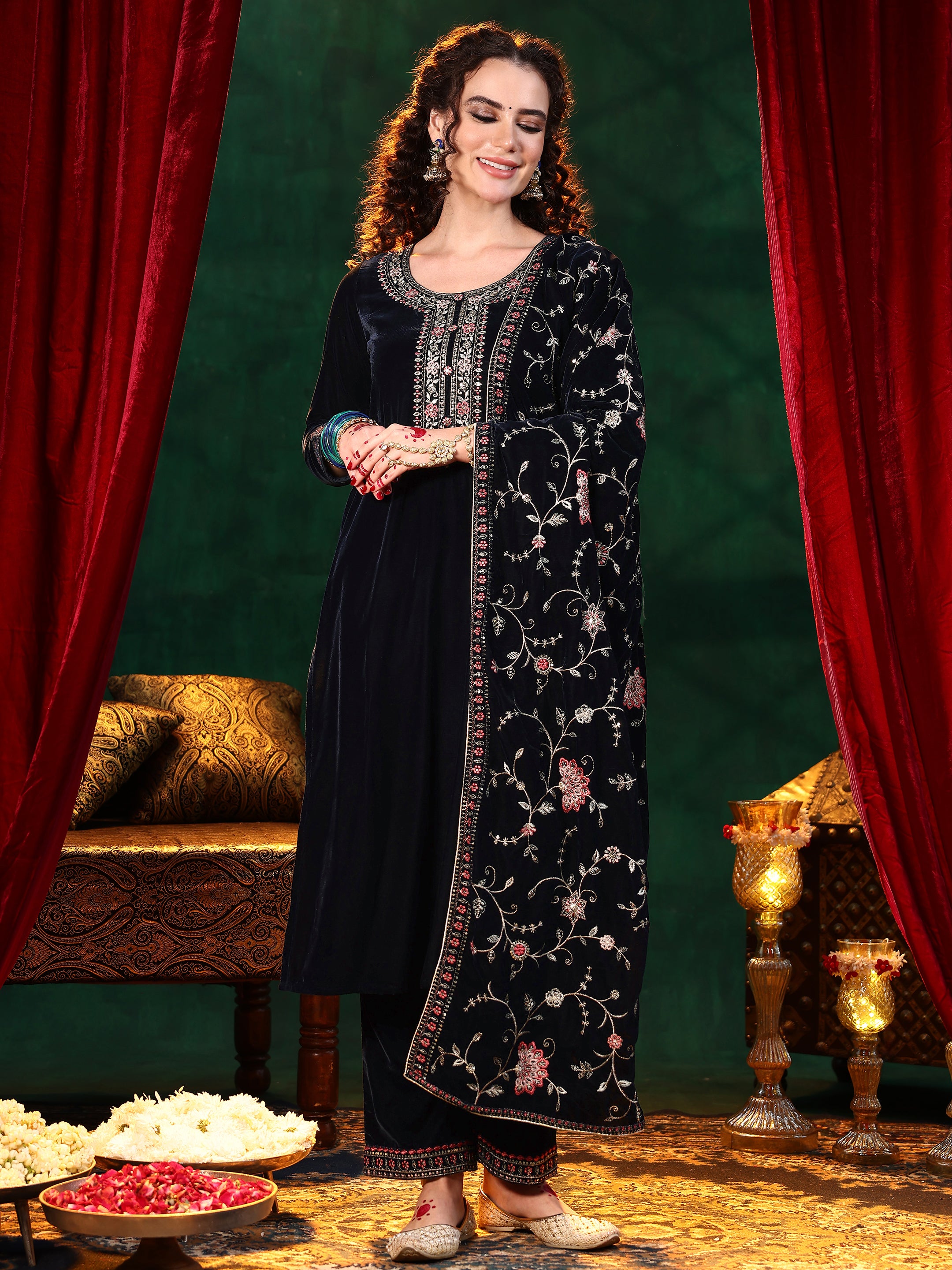 Blue Yoke Design Velvet Straight Suit With Dupatta