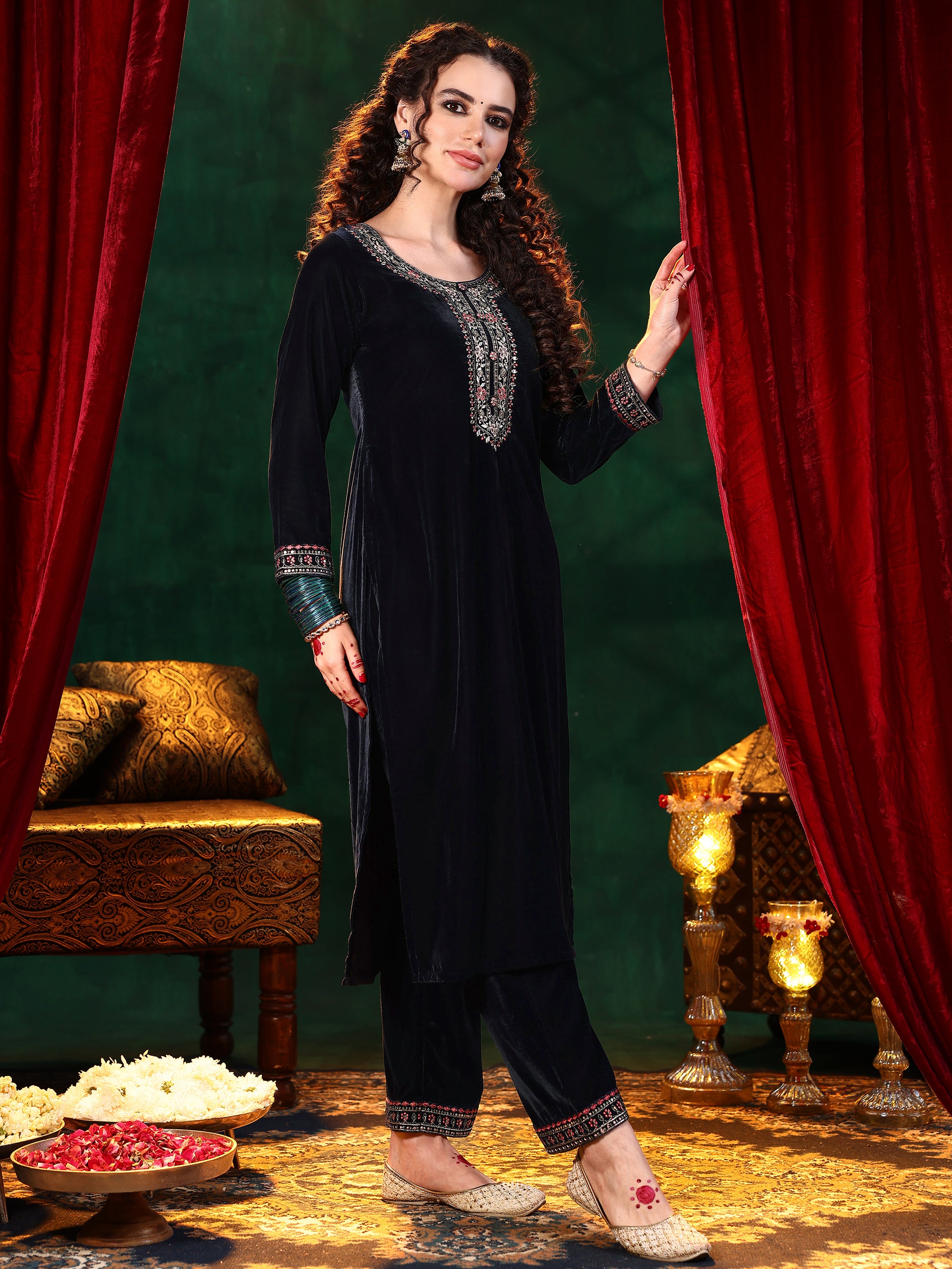 Blue Yoke Design Velvet Straight Suit With Dupatta